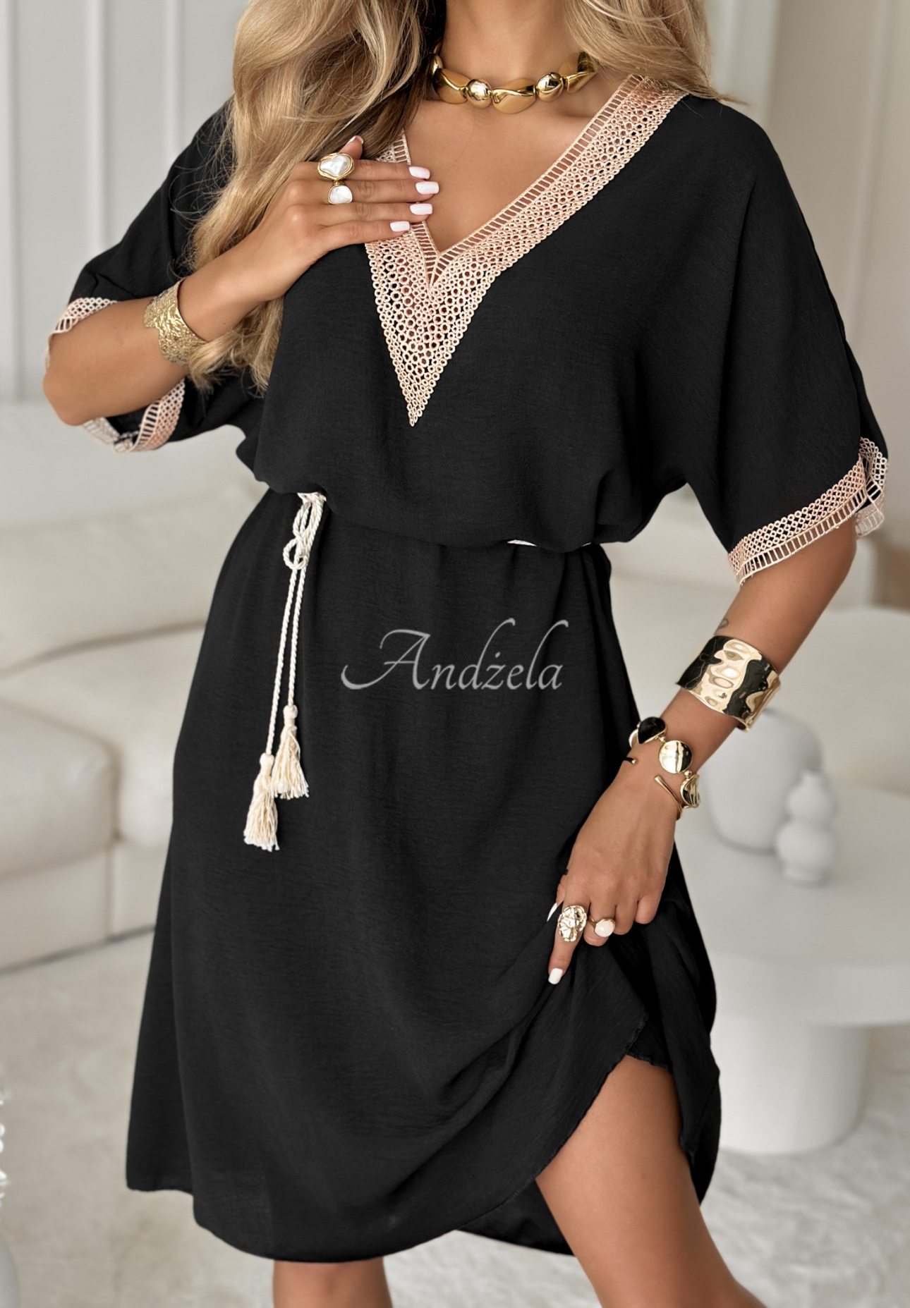 Midikleid mit Gürtel boho Chianti Valley Schwarz