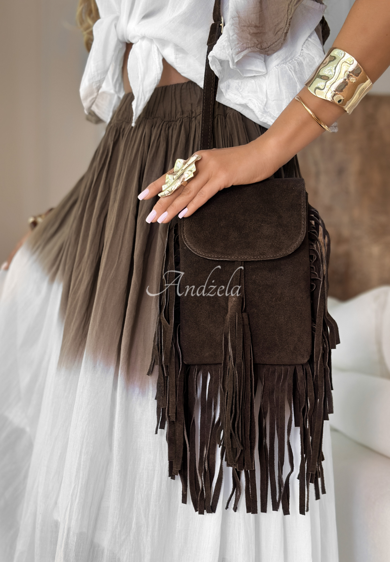 Wildledertasche mit Fransen Wildest Soul Schokoladenbraun