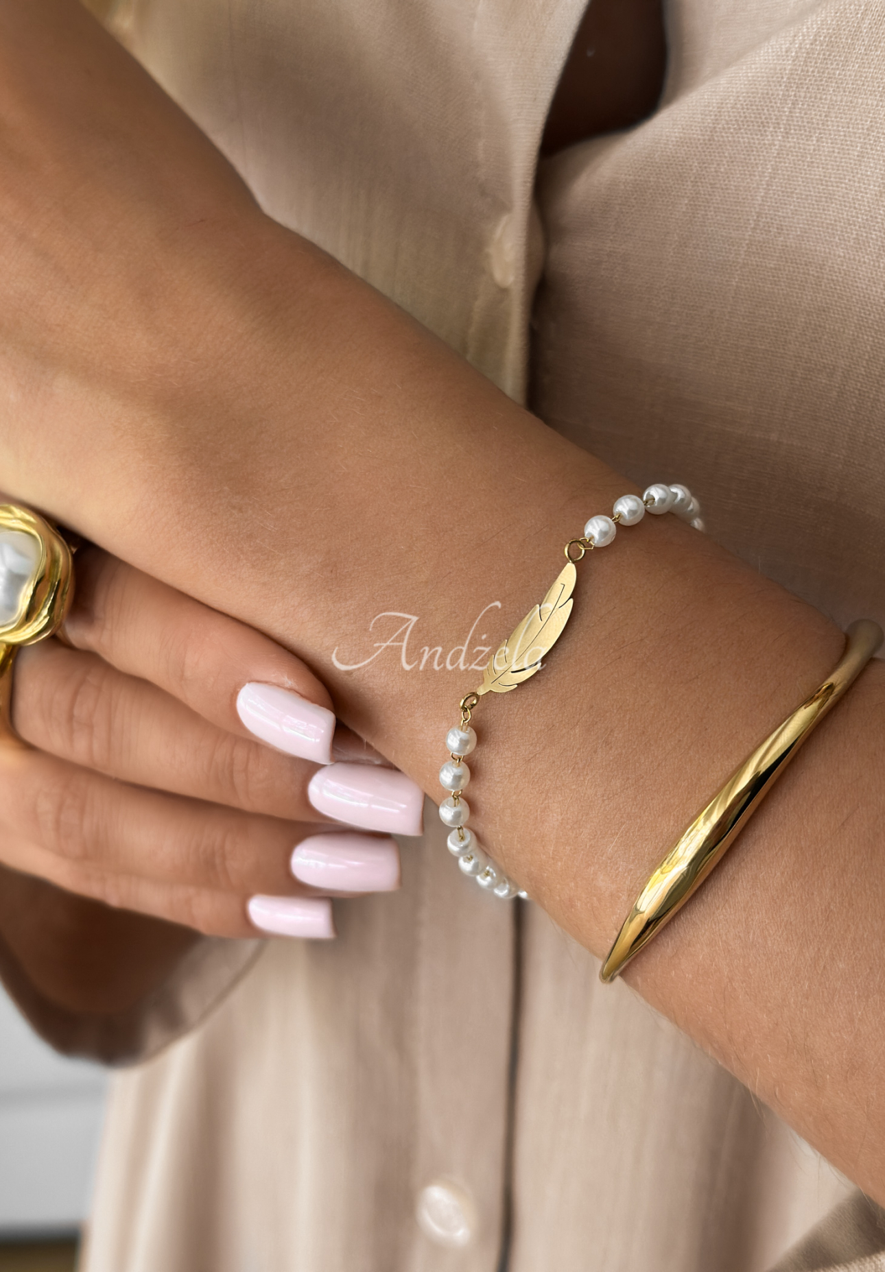 Perlenarmband Little Pearls And Feather Gold