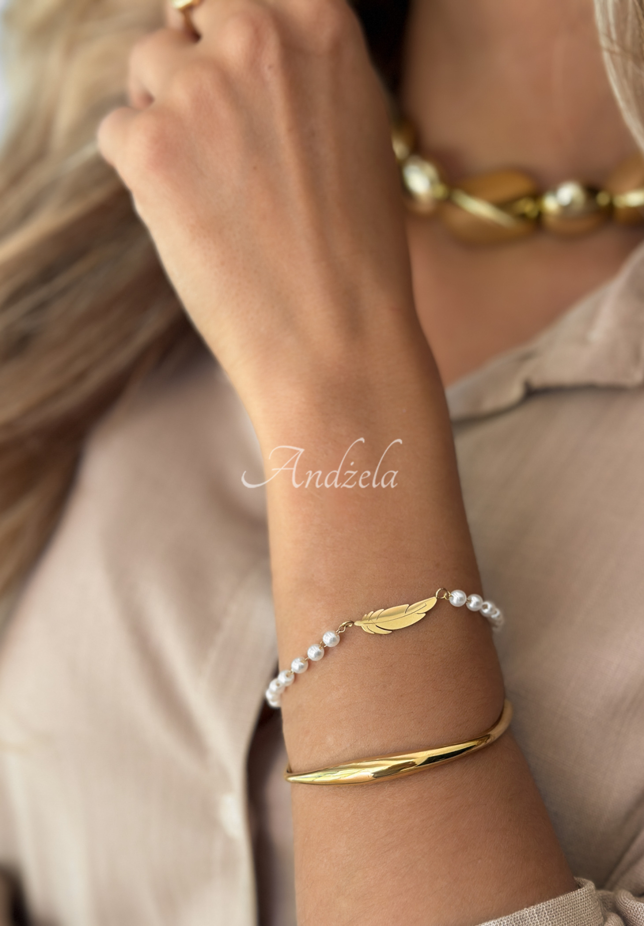Perlenarmband Little Pearls And Feather Gold
