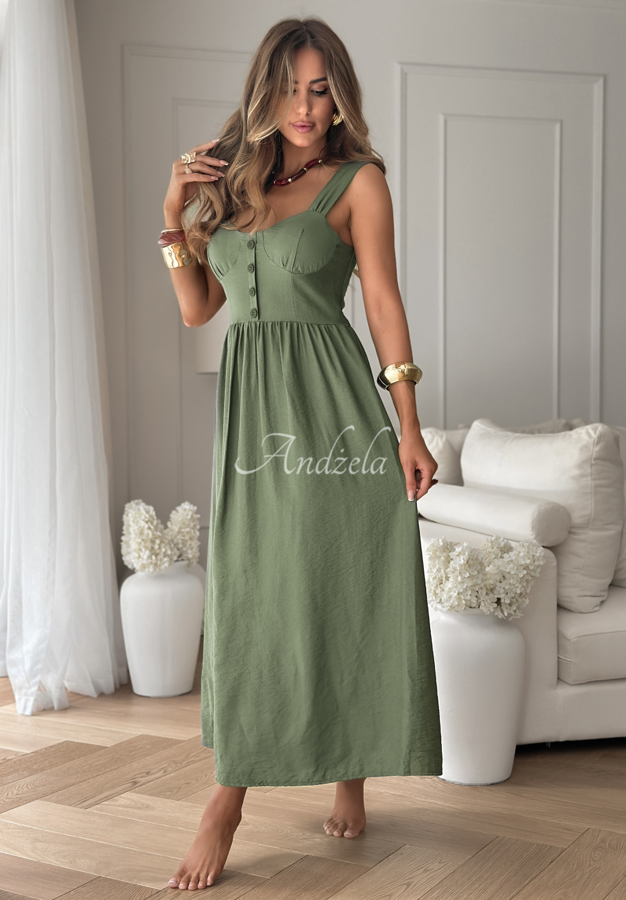 Viskosekleid mit Trägern La Esmeralda Khaki