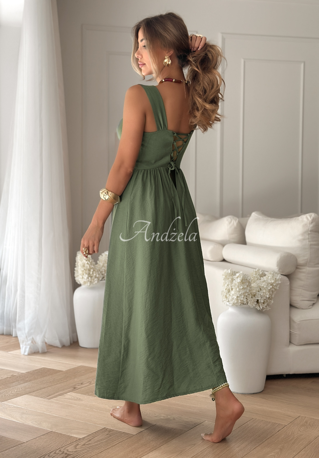 Viskosekleid mit Trägern La Esmeralda Khaki