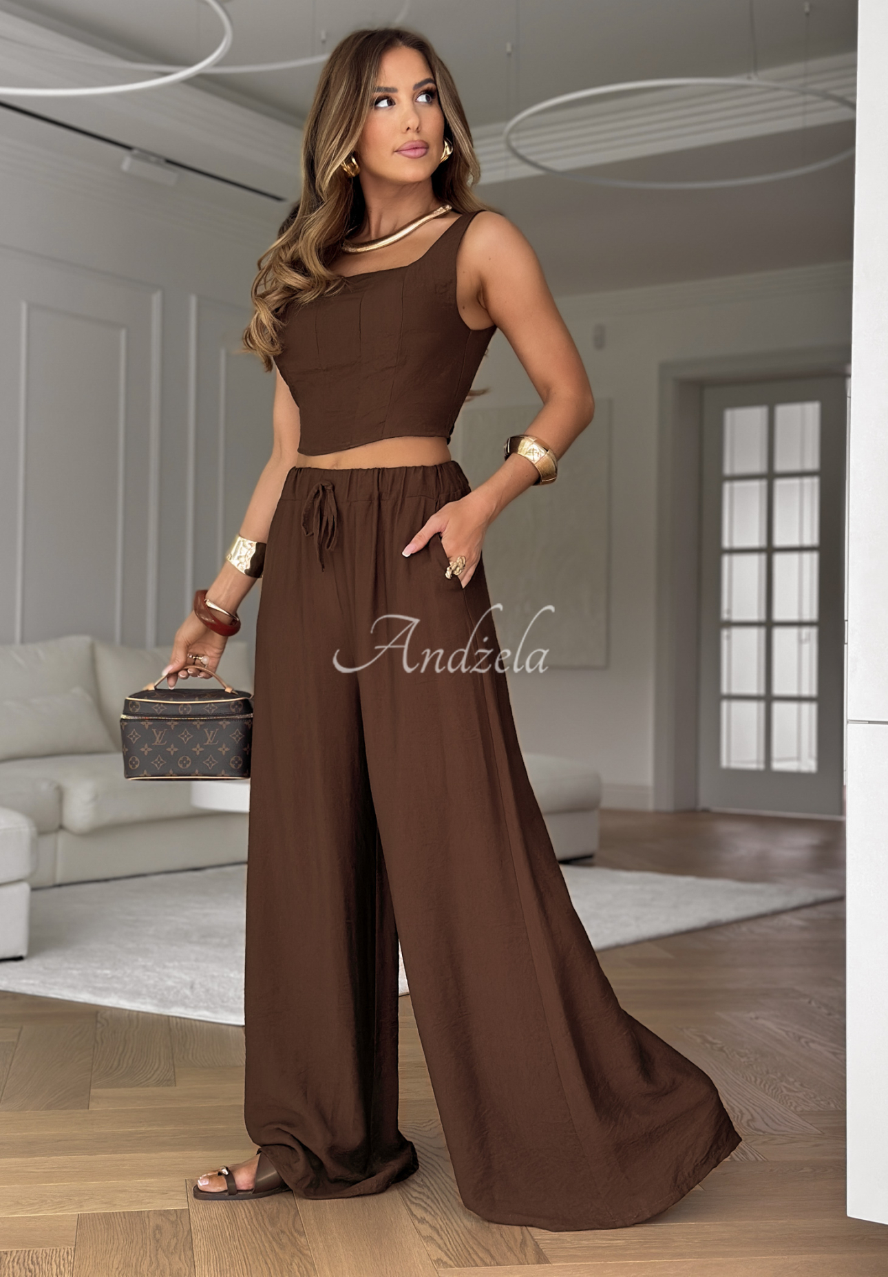 Set aus Oberteil und Hose aus Viskose wide leg La Colorada Schokoladenbraun