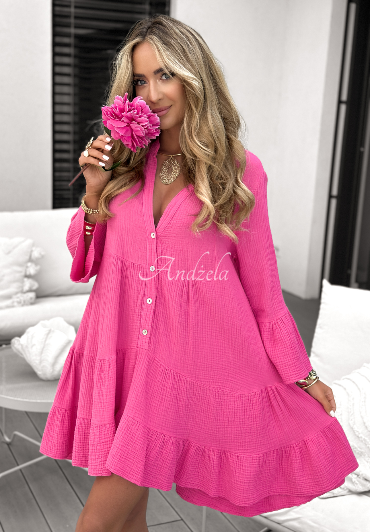 Muslin dress with frills Hello Summer pink