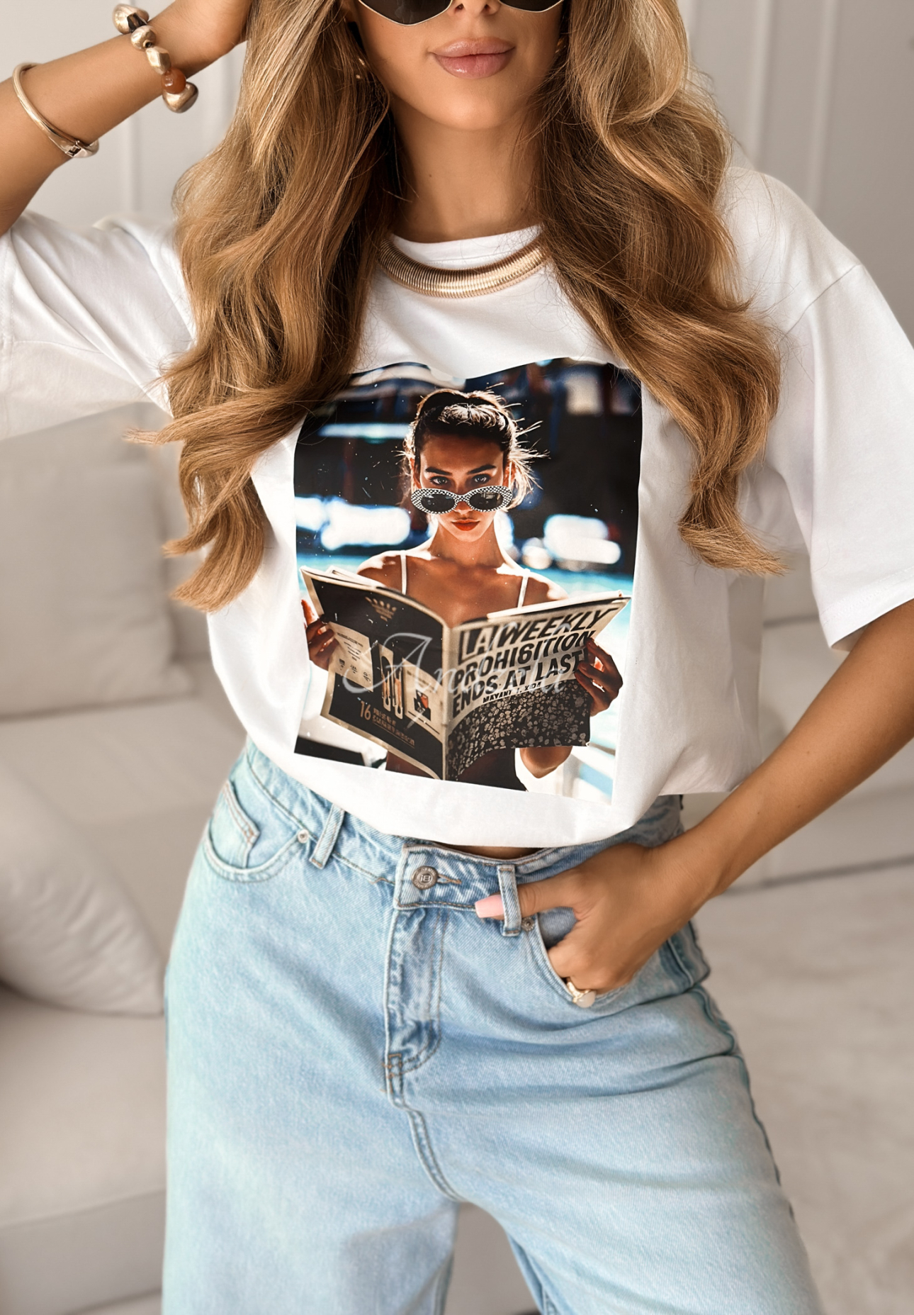 Kurzes T-Shirt mit Print LA Weekly Weiß