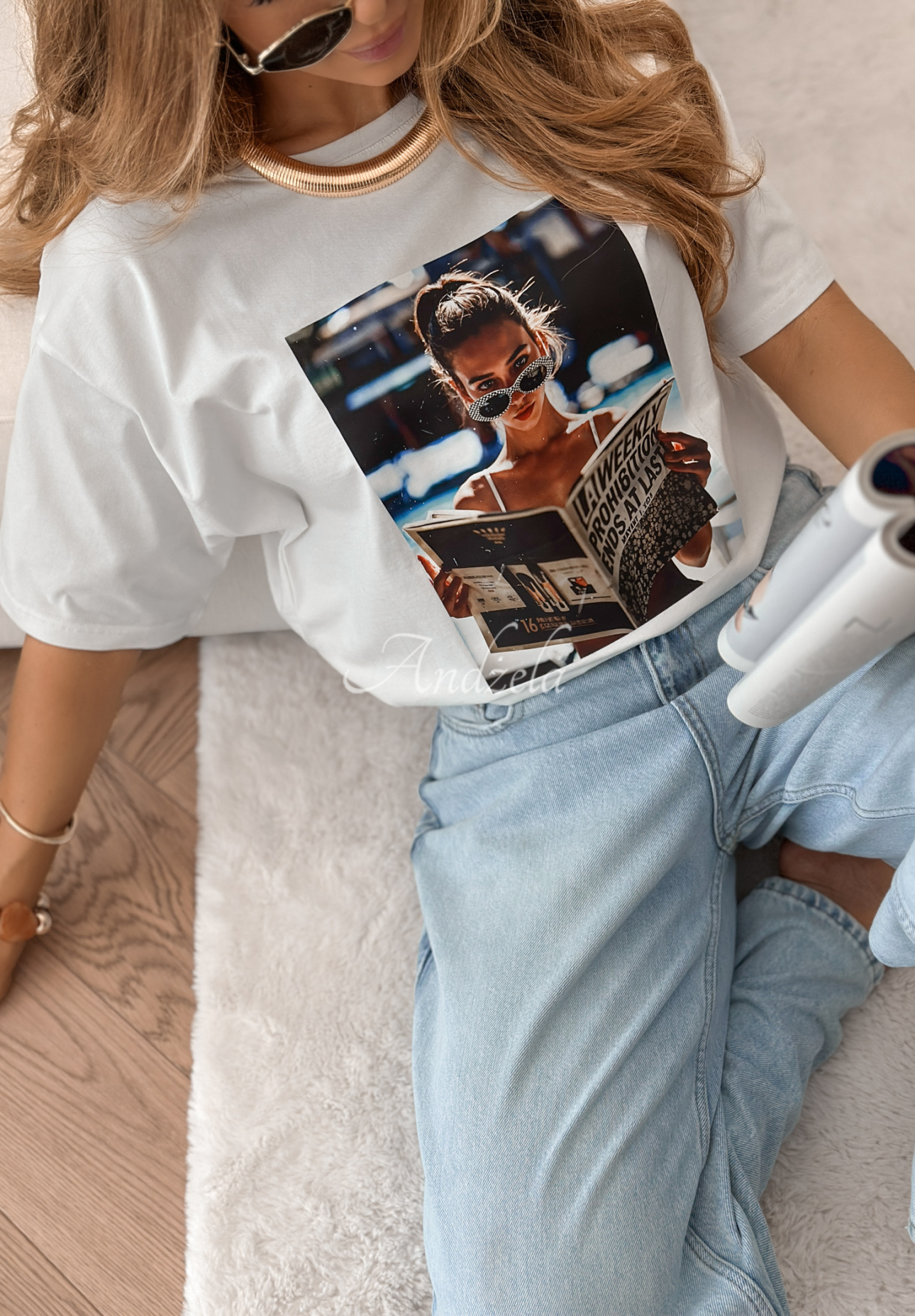 Kurzes T-Shirt mit Print LA Weekly Weiß