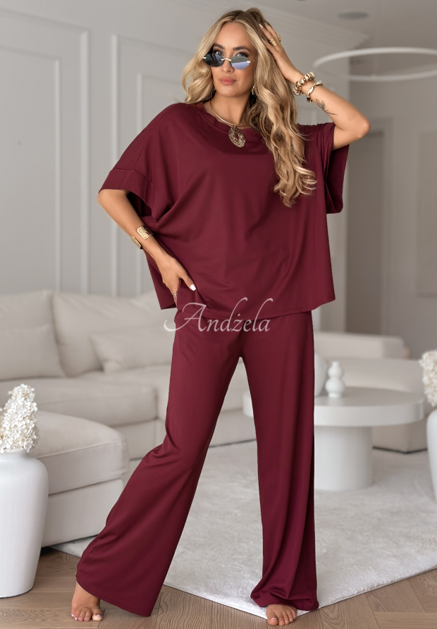 Set aus Viskose T-Shirt oversize und Hose Two Halves Burgunderrot