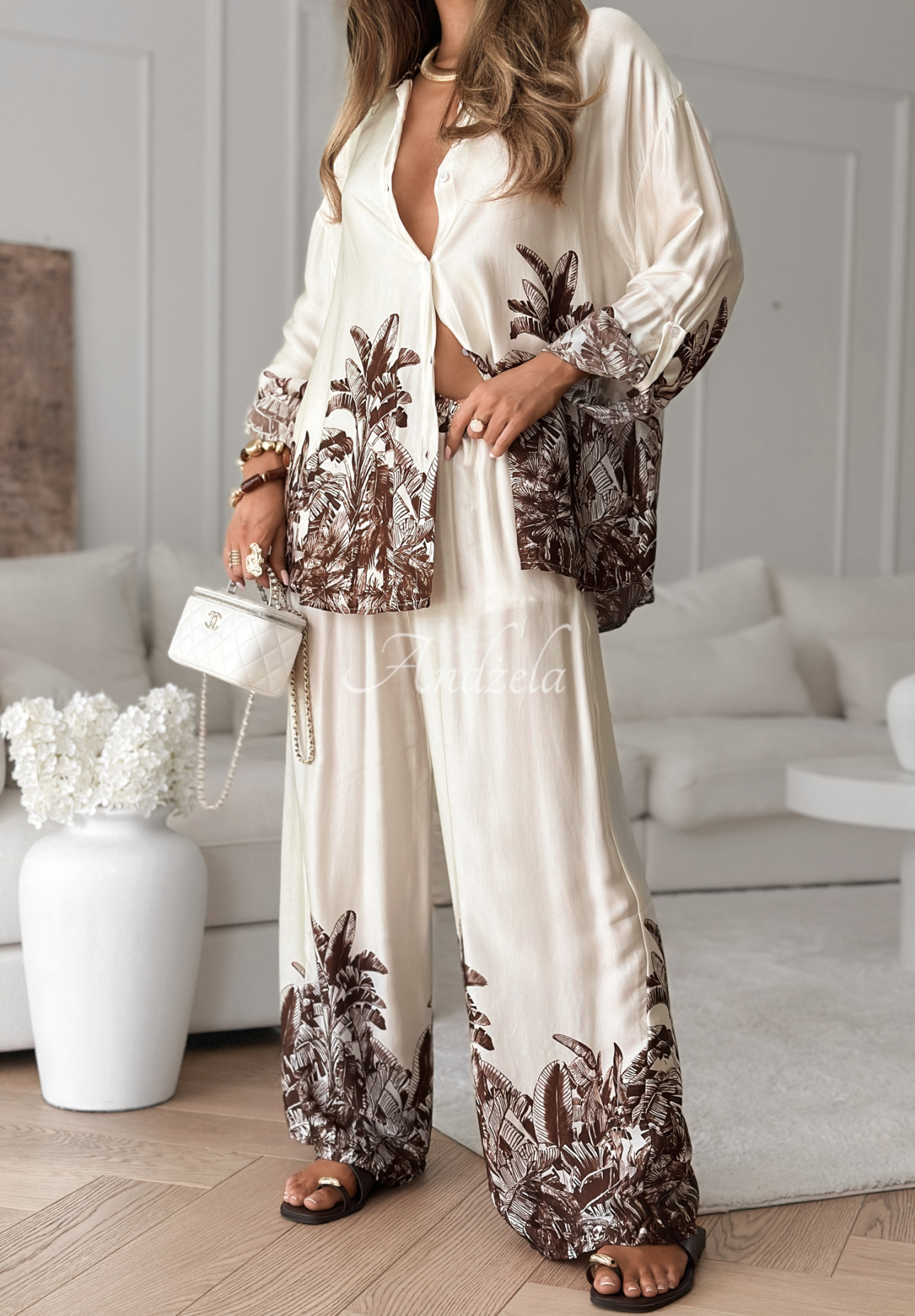Satin-Set aus Viskosehemd und Hose wide leg gemustert Salina Cruz Vanillefarben