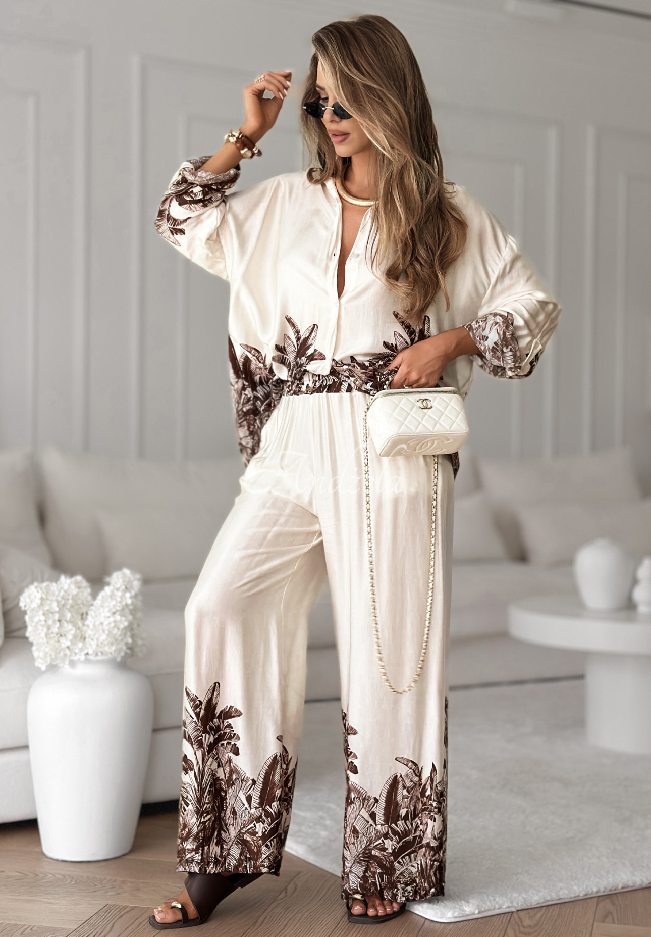 Satin-Set aus Viskosehemd und Hose wide leg gemustert Salina Cruz Vanillefarben