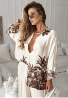 Satynowy komplet koszula i spodnie wide leg we wzory Salina Cruz waniliowy