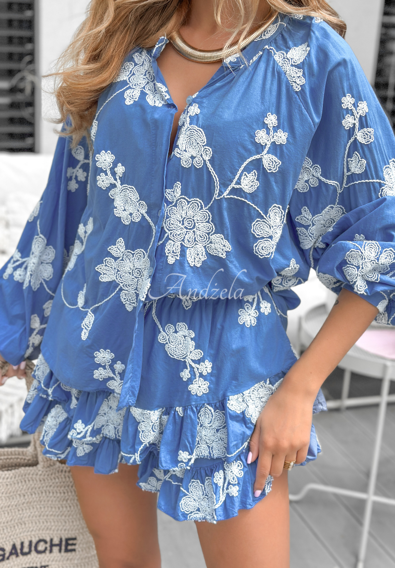 Set aus besticktem Hemd und Hosenrock Virginia Beach Blau