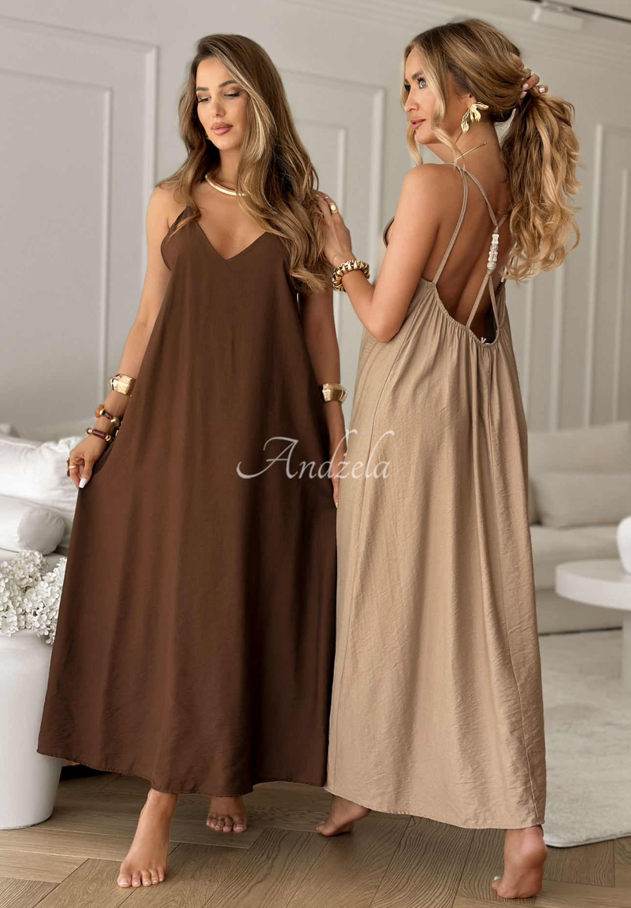Viskose-Oversize-Kleid mit Trägern Catalina Island Camel