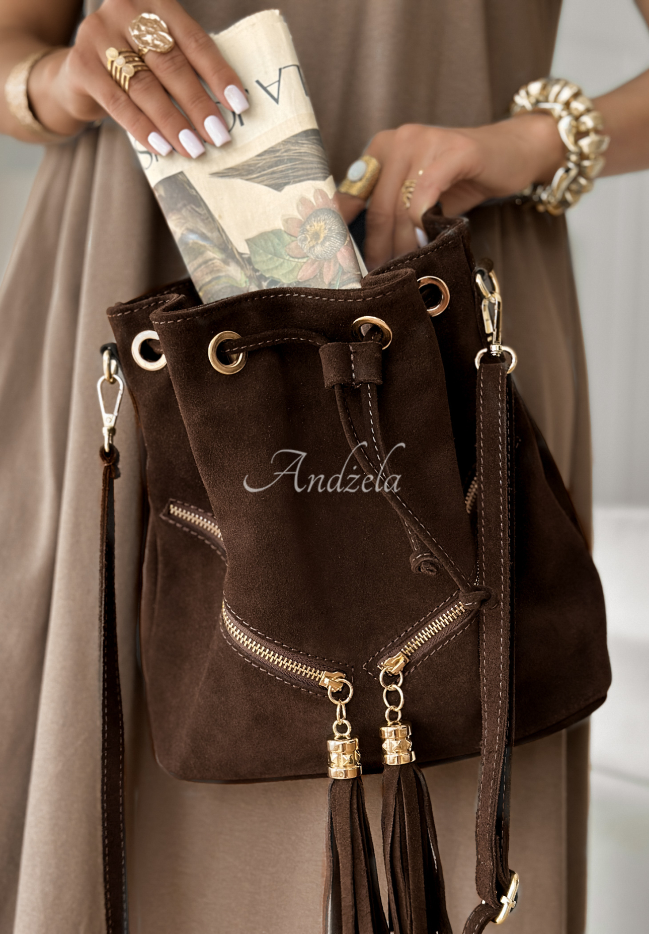 Wildlederhandtasche Beutel Find Me Schokoladenbraun