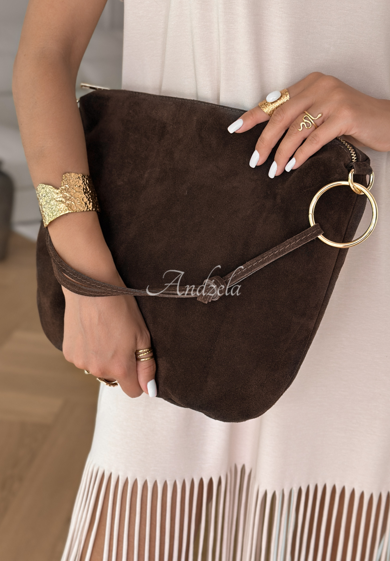 Wildlederhandtasche Velvet Touch Schokoladenbraun