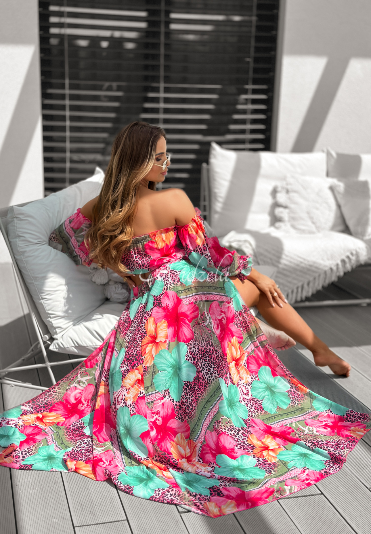 Gemustertes Set aus Off-Shoulder-Bluse und einem Hosenrock Unfold Your Story Blau-Rosa