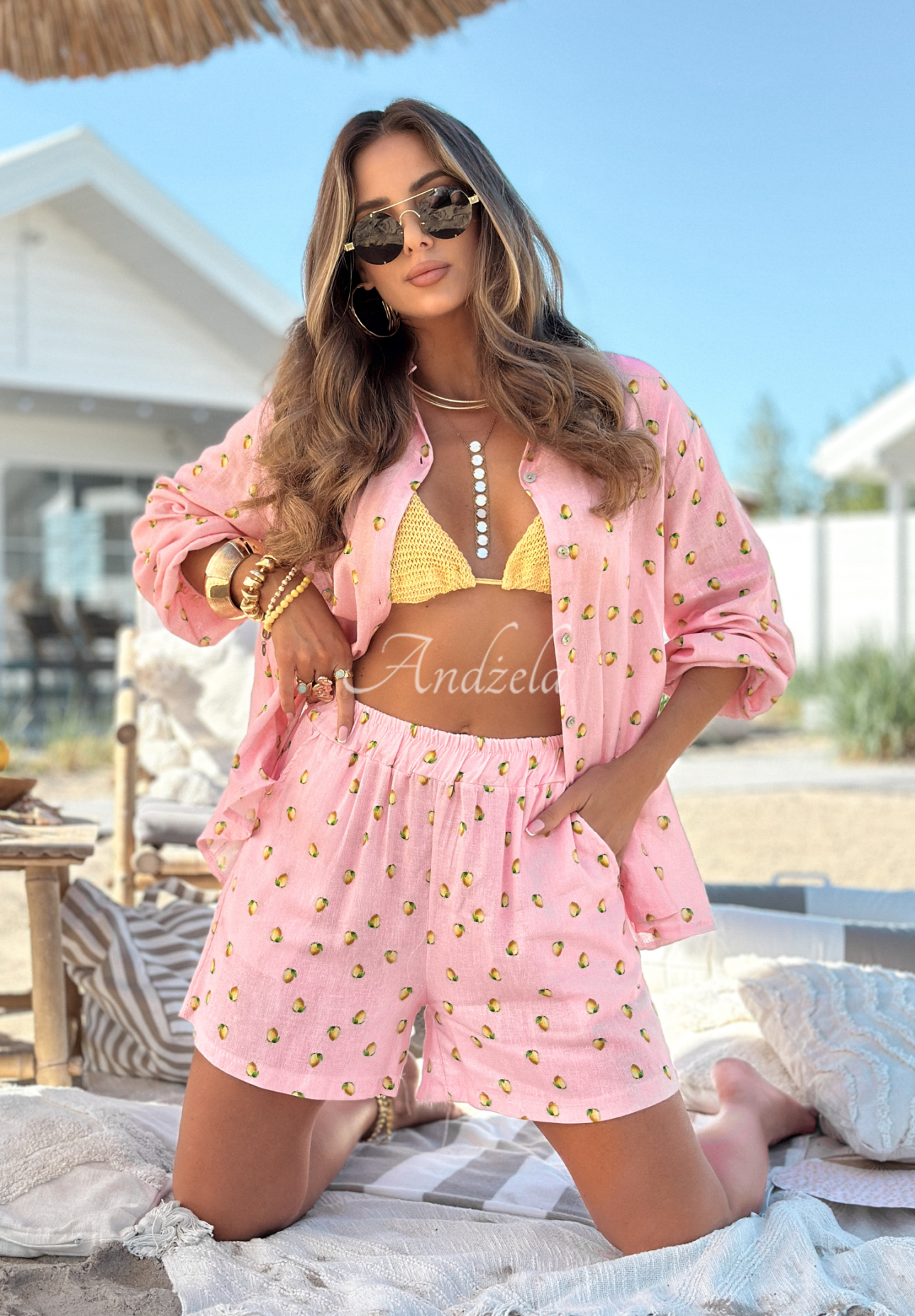 Das Leinenset Hemd mit Shorts mit Zitronenmuster Fresh Lemon Juice Puderrosa