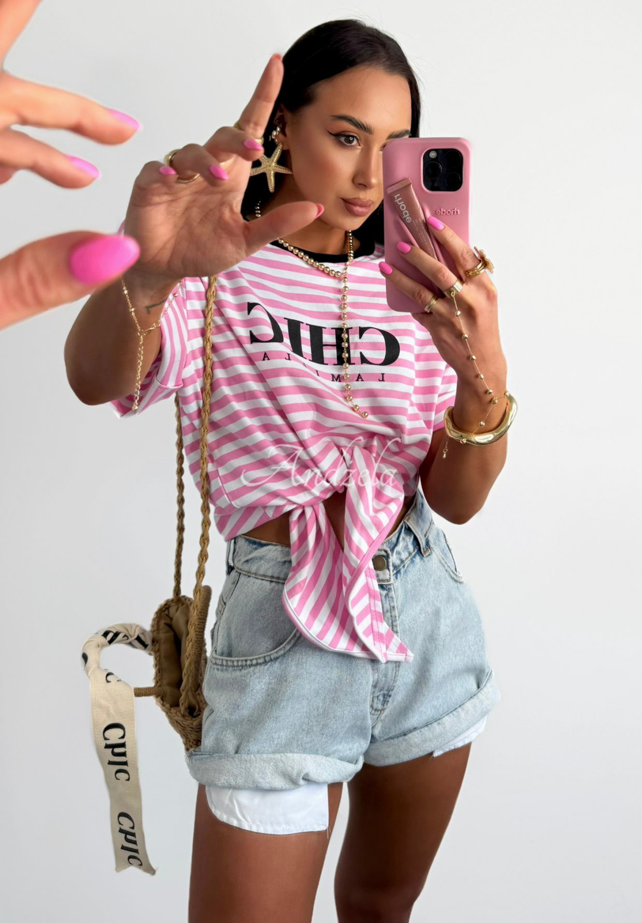 Gestreiftes T-Shirt zum binden La Milla I Have Seen Weiß-Rosa