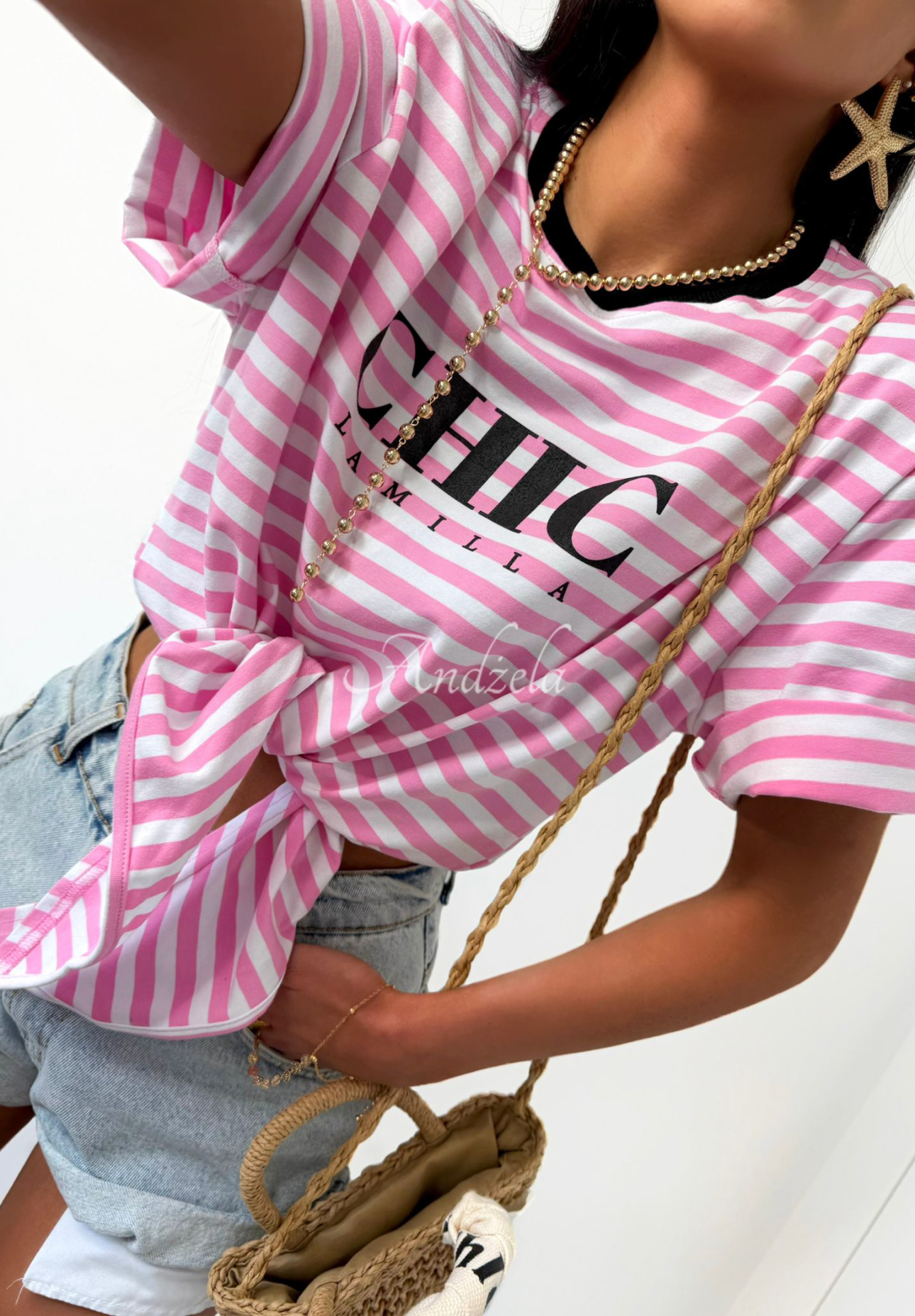 Gestreiftes T-Shirt zum binden La Milla I Have Seen Weiß-Rosa