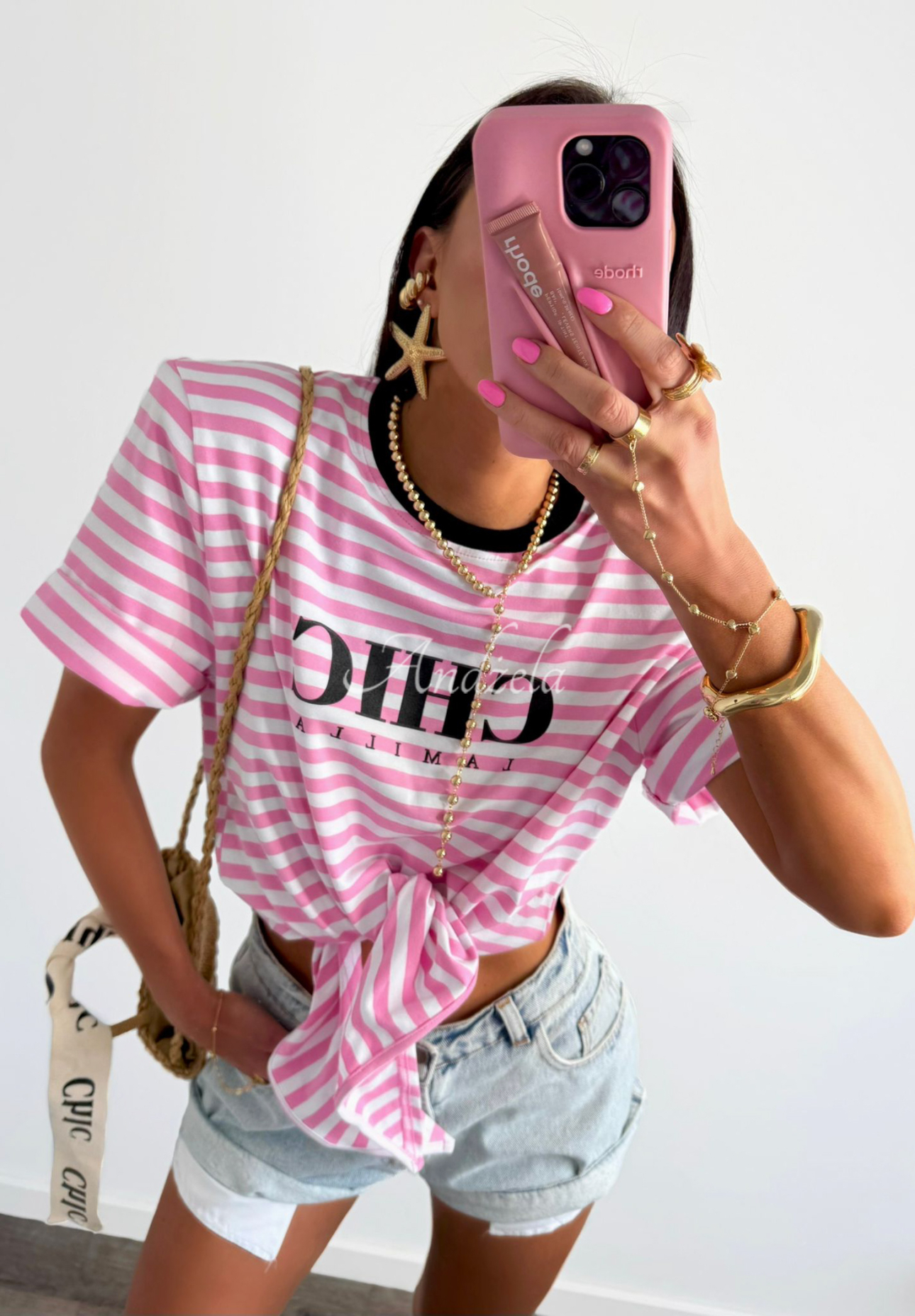 Gestreiftes T-Shirt zum binden La Milla I Have Seen Weiß-Rosa