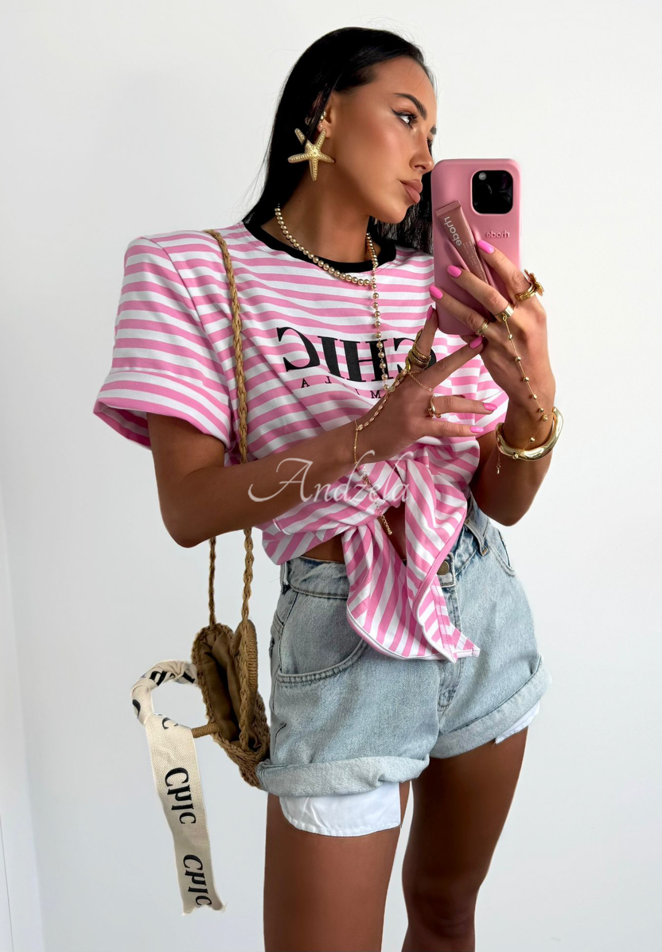 Gestreiftes T-Shirt zum binden La Milla I Have Seen Weiß-Rosa