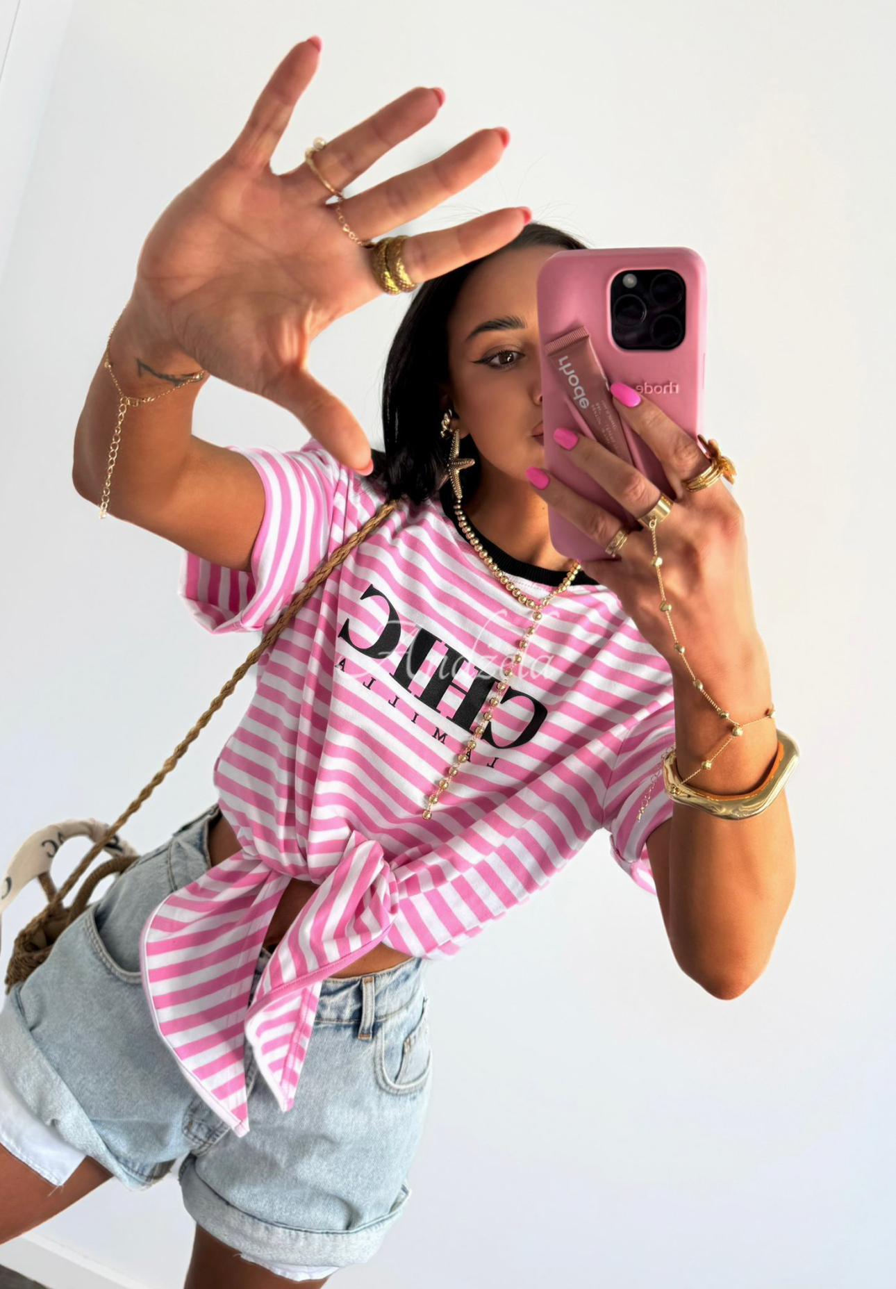 Gestreiftes T-Shirt zum binden La Milla I Have Seen Weiß-Rosa