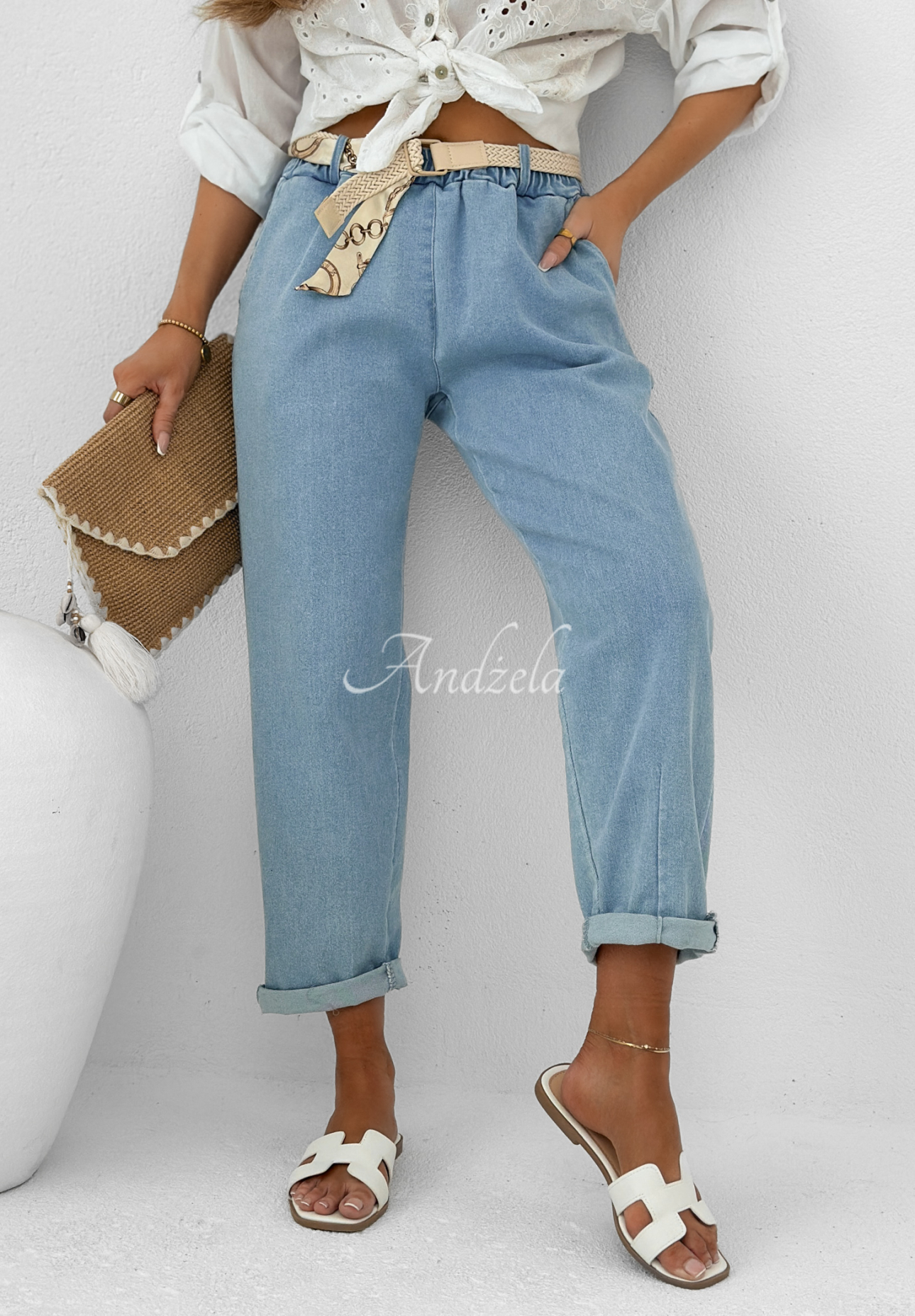 Jeanshose mom fit mit Gürtel Born To Ride Hellblau