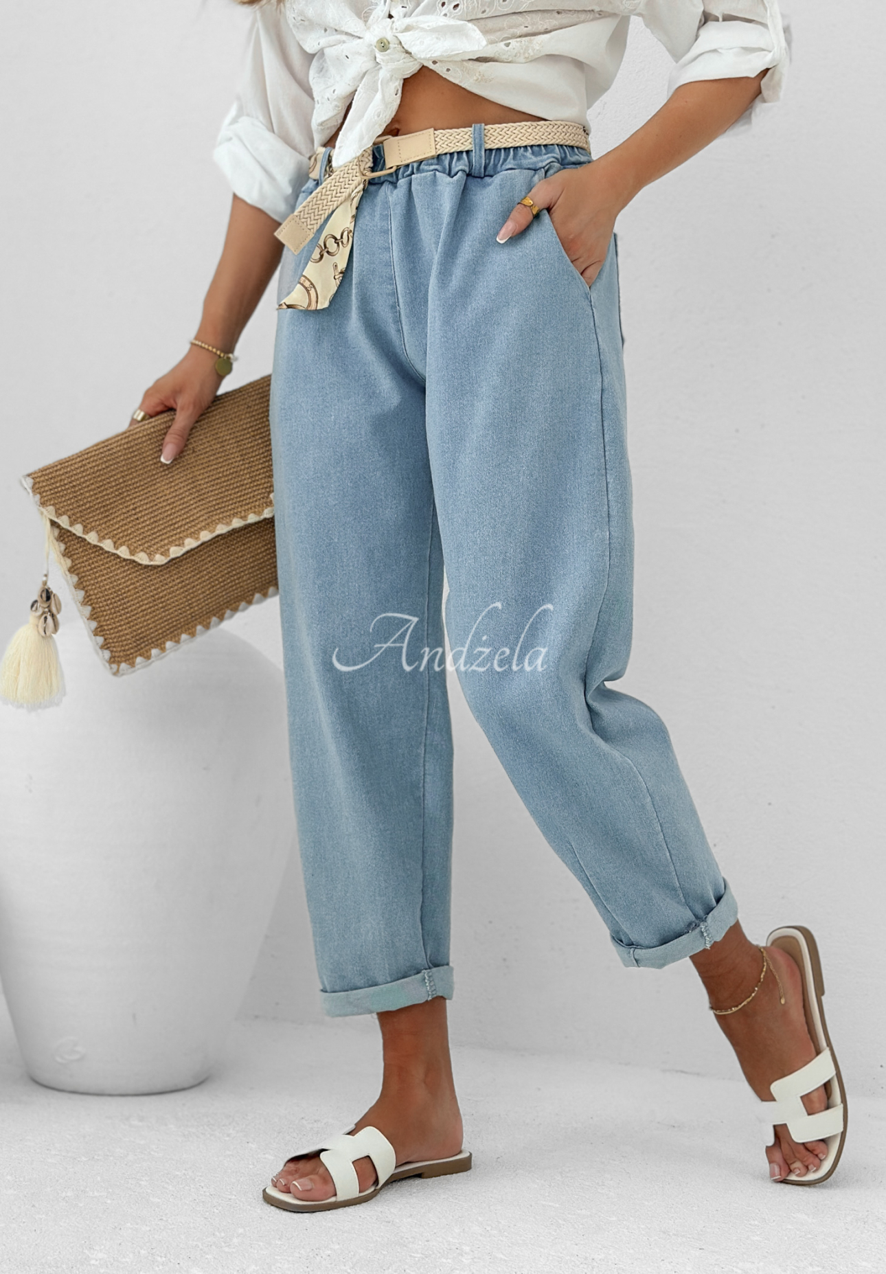 Jeanshose mom fit mit Gürtel Born To Ride Hellblau
