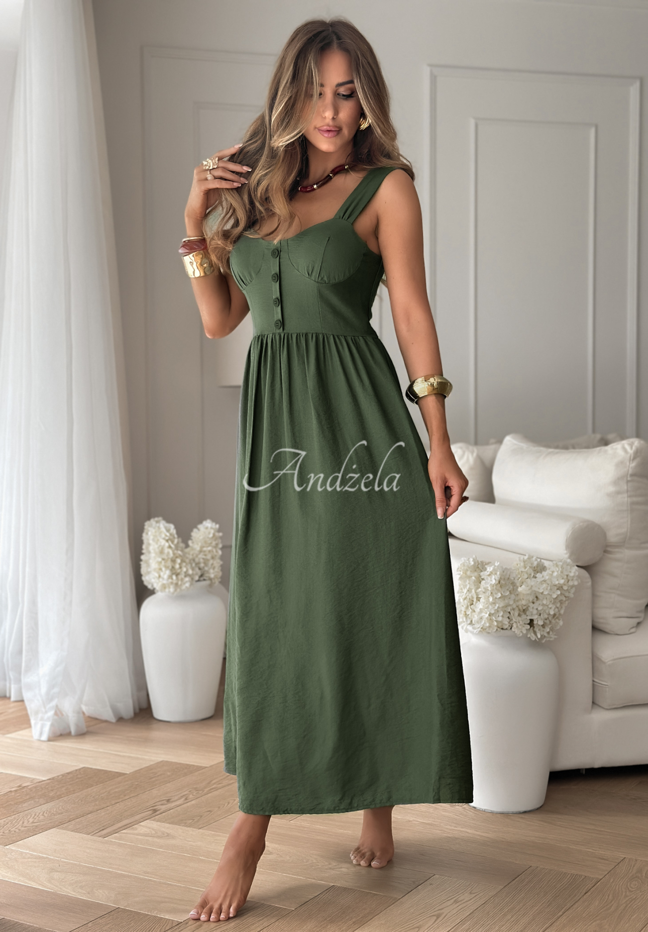 Viskosekleid mit Trägern La Esmeralda Khaki
