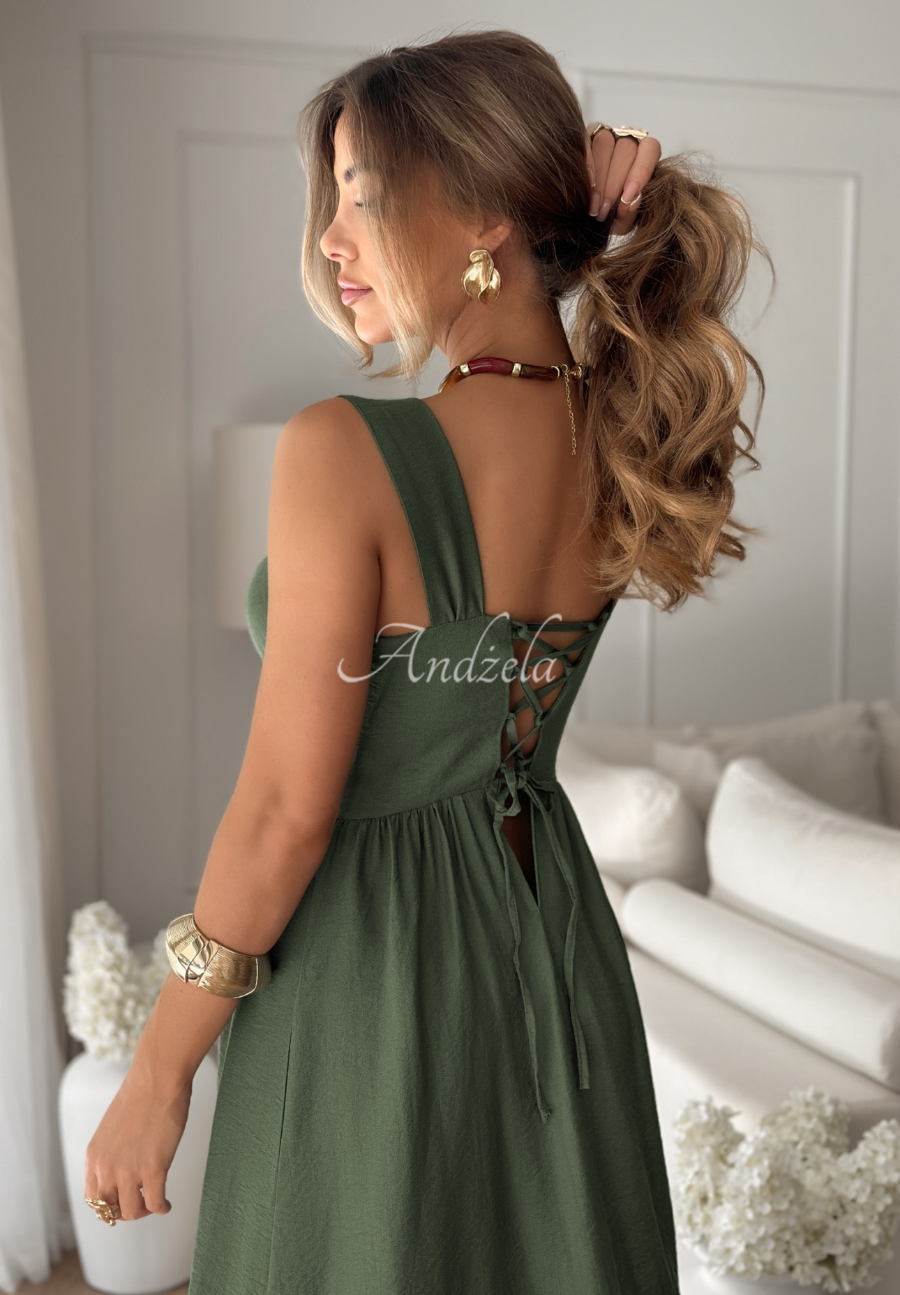 Viskosekleid mit Trägern La Esmeralda Khaki