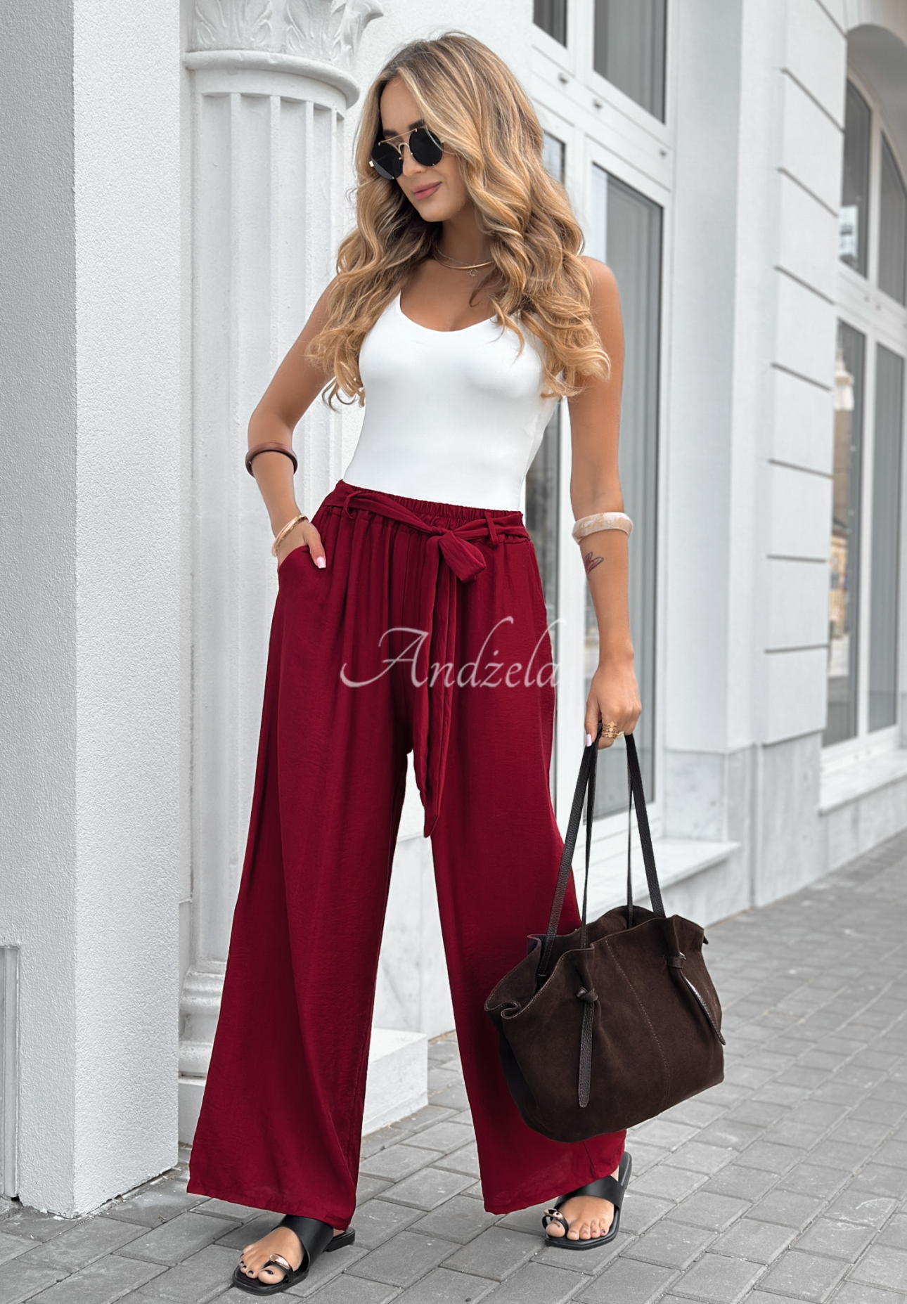 Viskosehose mit weitem Bein und Gürtel Jefferson City Burgund