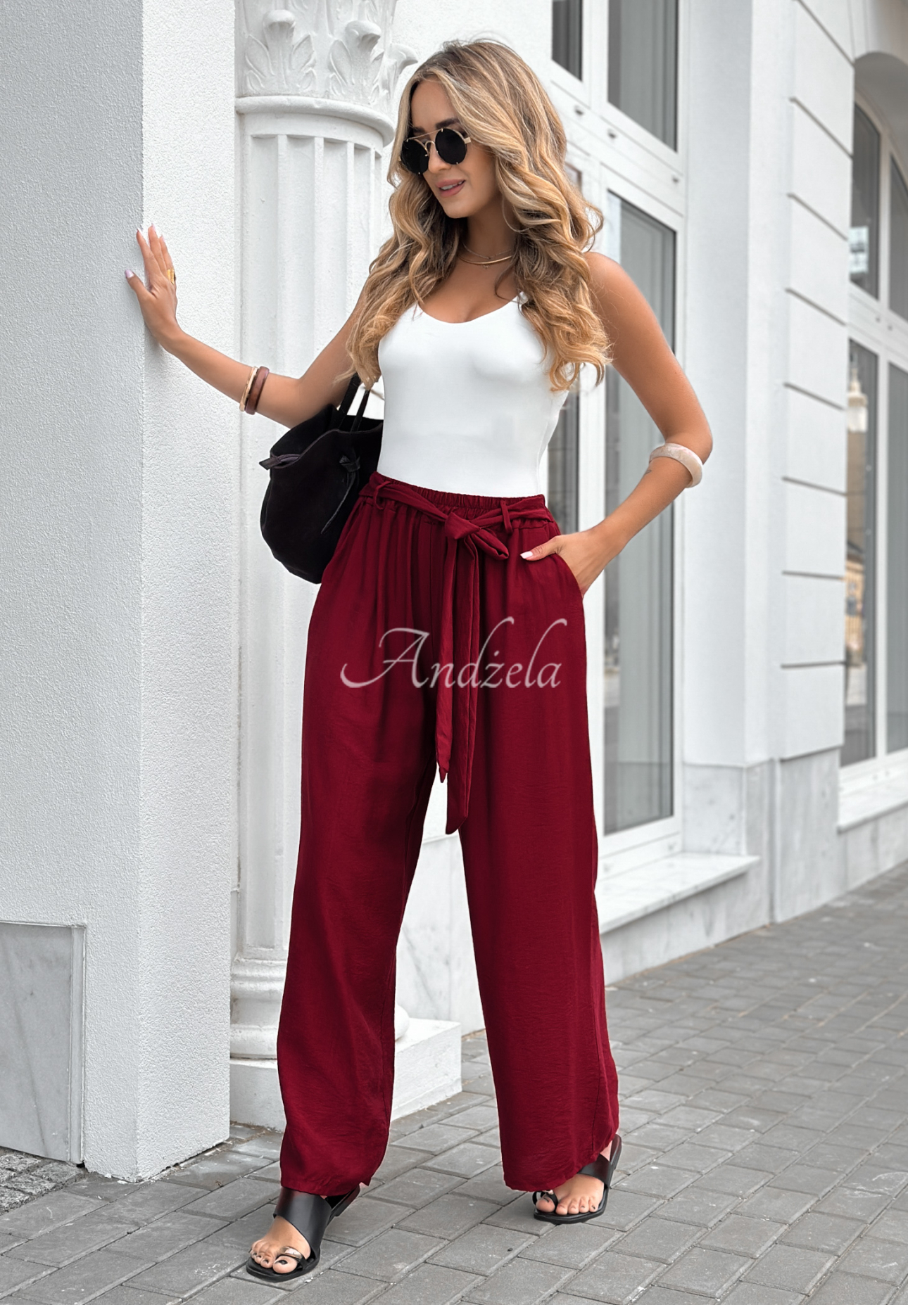 Viskosehose mit weitem Bein und Gürtel Jefferson City Burgund