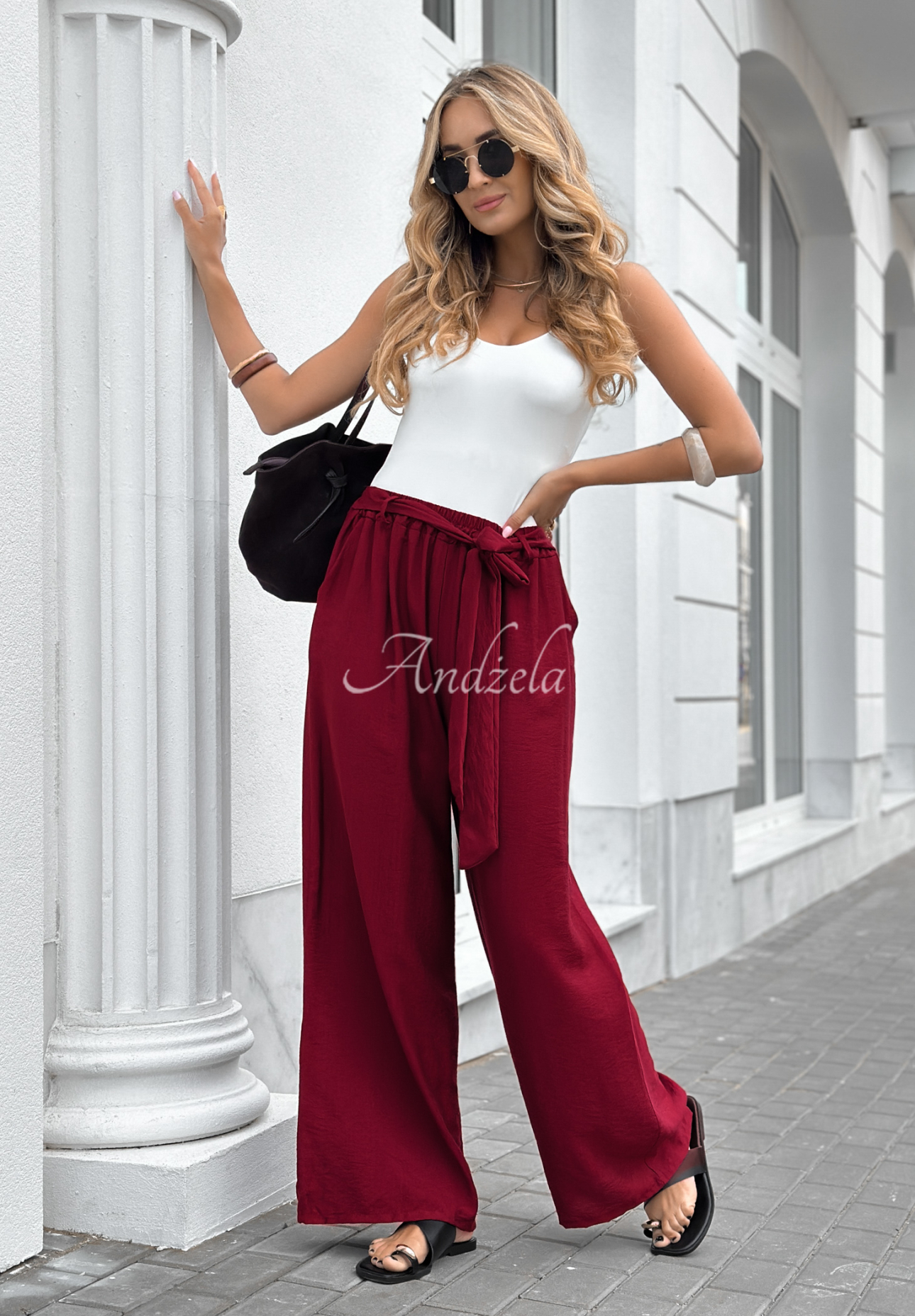 Viskosehose mit weitem Bein und Gürtel Jefferson City Burgund