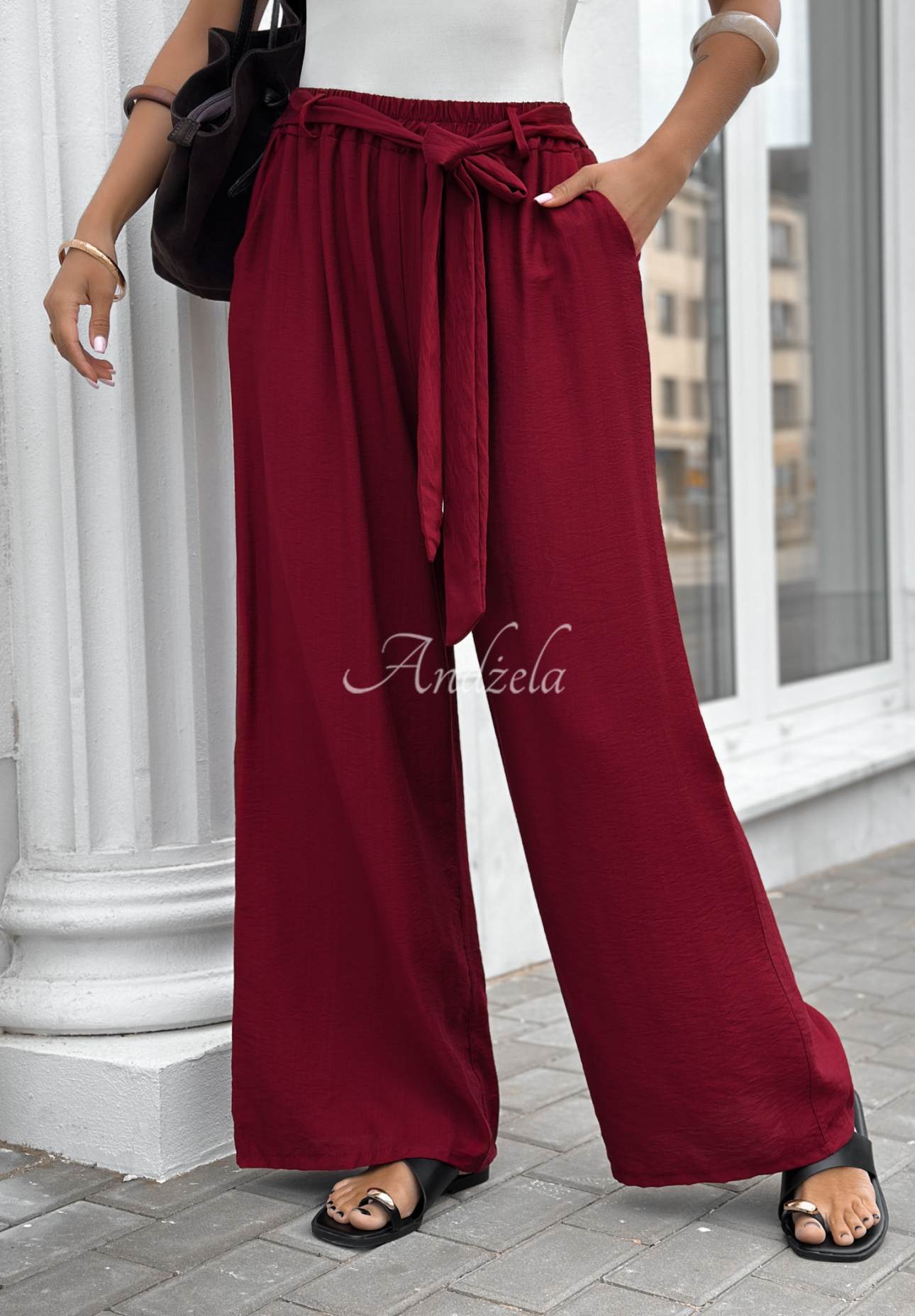 Viskosehose mit weitem Bein und Gürtel Jefferson City Burgund