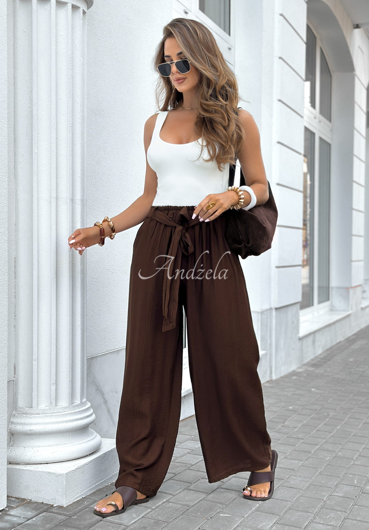 Viskosehose mit weitem Bein und Gürtel Jefferson City Schokoladenbraun