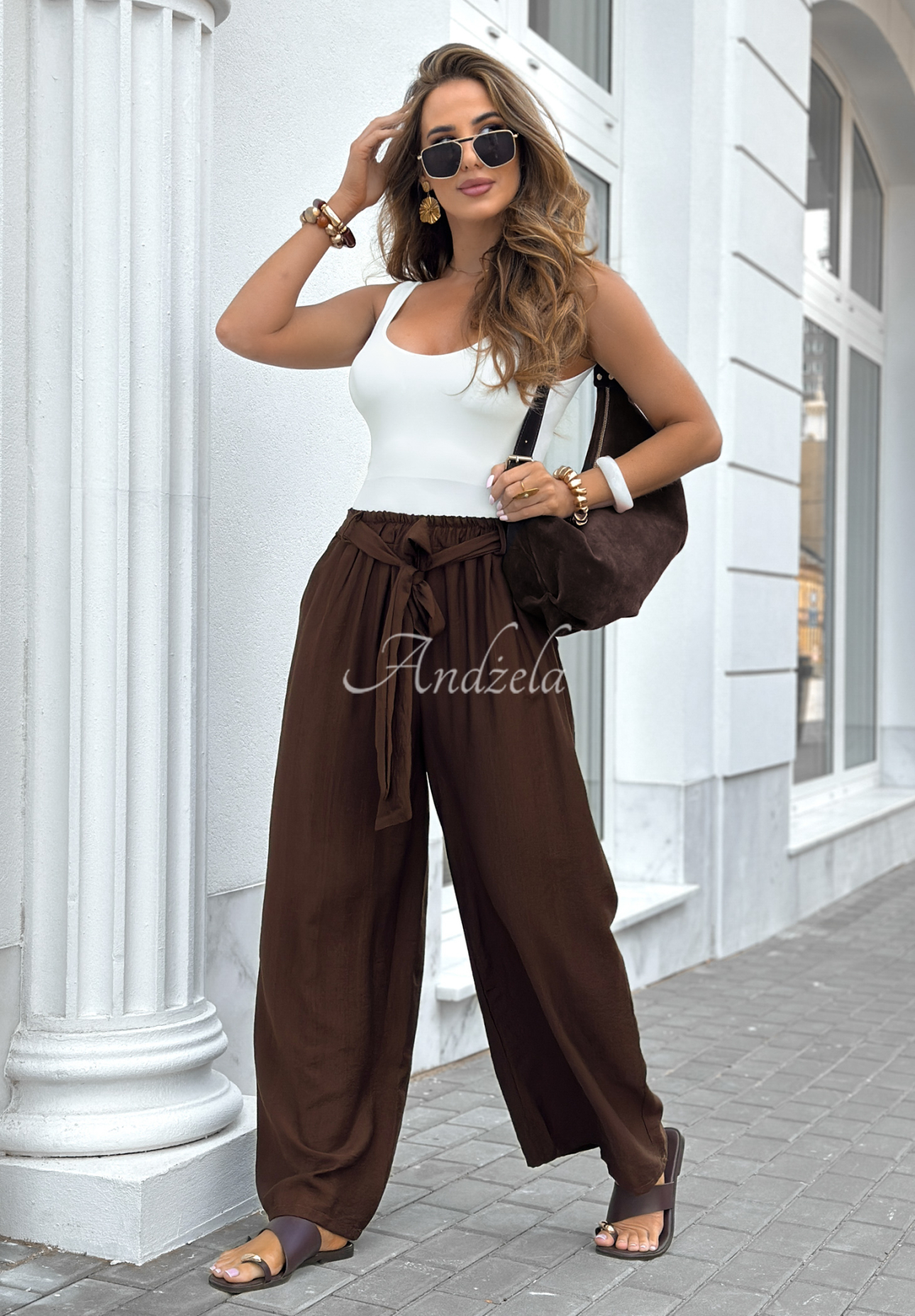 Viskosehose mit weitem Bein und Gürtel Jefferson City Schokoladenbraun