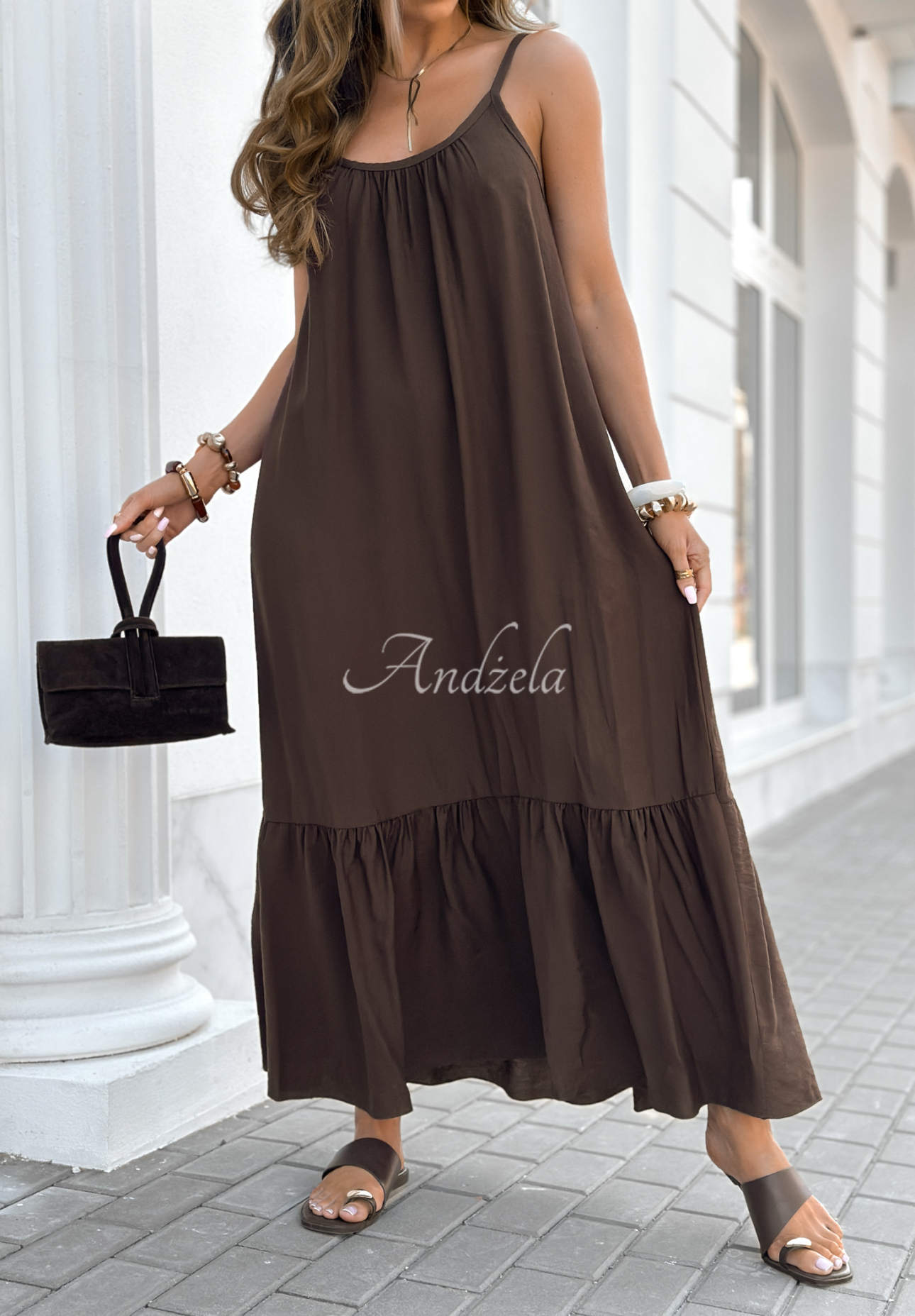 Viskose-Maxikleid mit Trägern New Iberia Schokoladenbraun