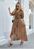 Kleid z falbankami i paskiem Every Twirl Schokoladenbraun