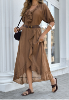 Kleid z falbankami i paskiem Every Twirl Schokoladenbraun