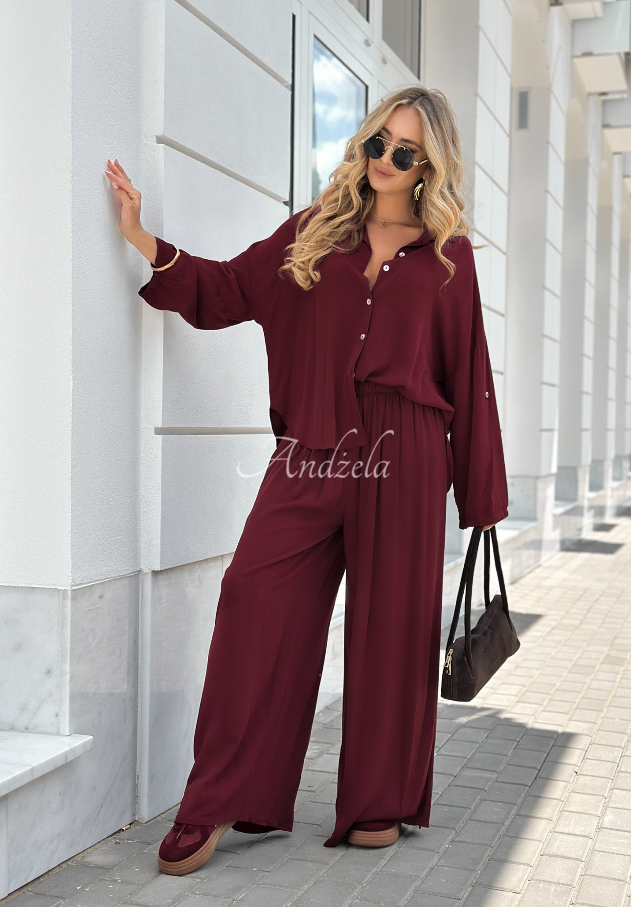 Viskose-Set Hemd und Hose wide leg Summer Skies Burgunderrot