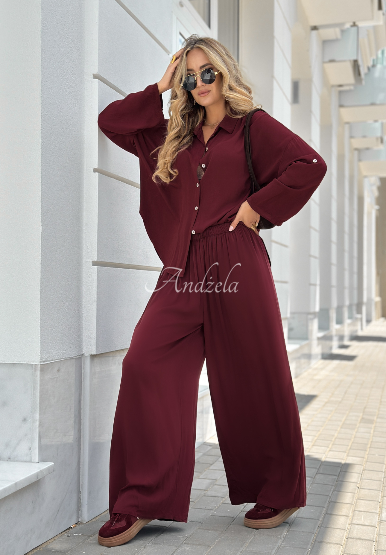 Viskose-Set Hemd und Hose wide leg Summer Skies Burgunderrot