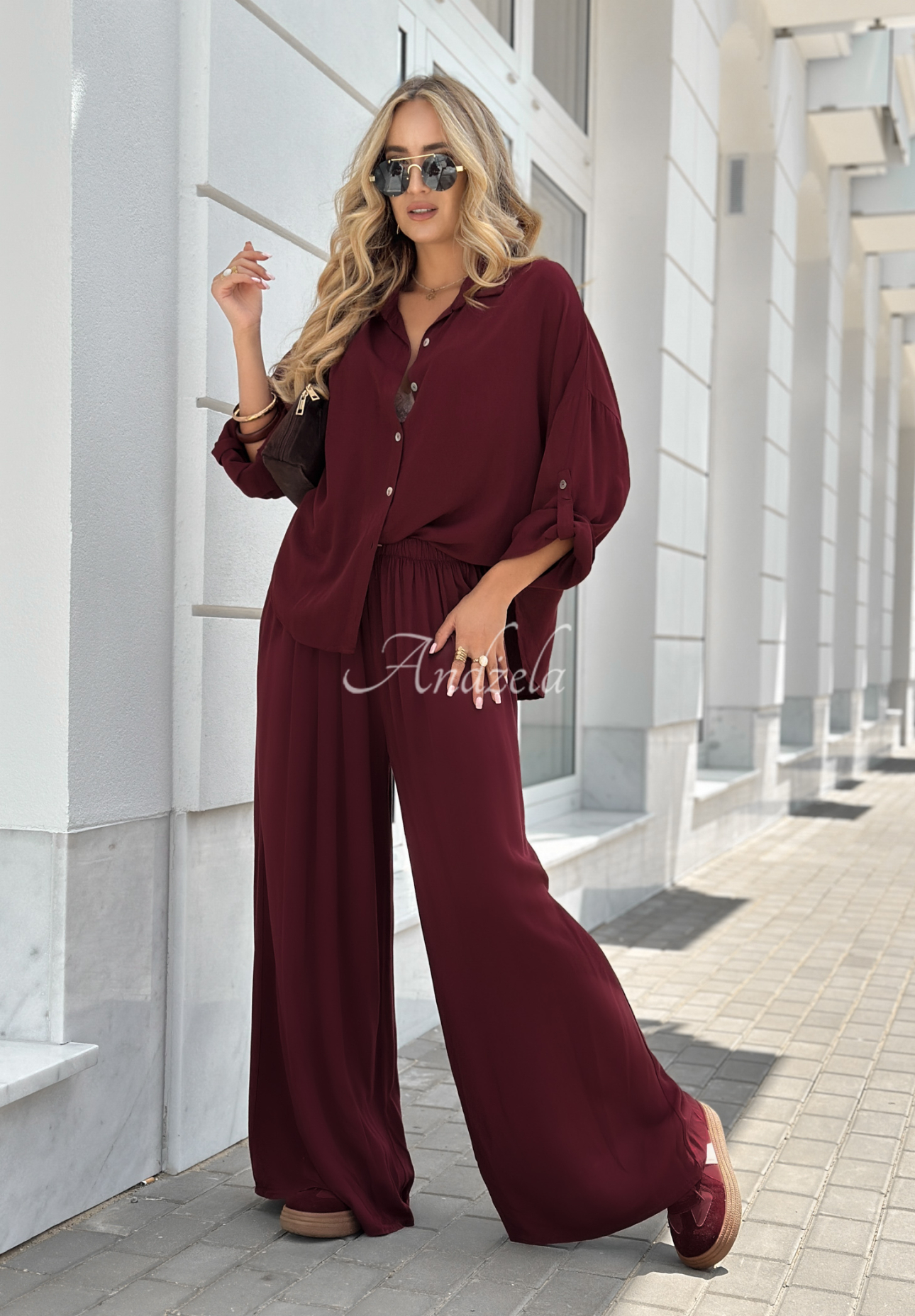 Viskose-Set Hemd und Hose wide leg Summer Skies Burgunderrot