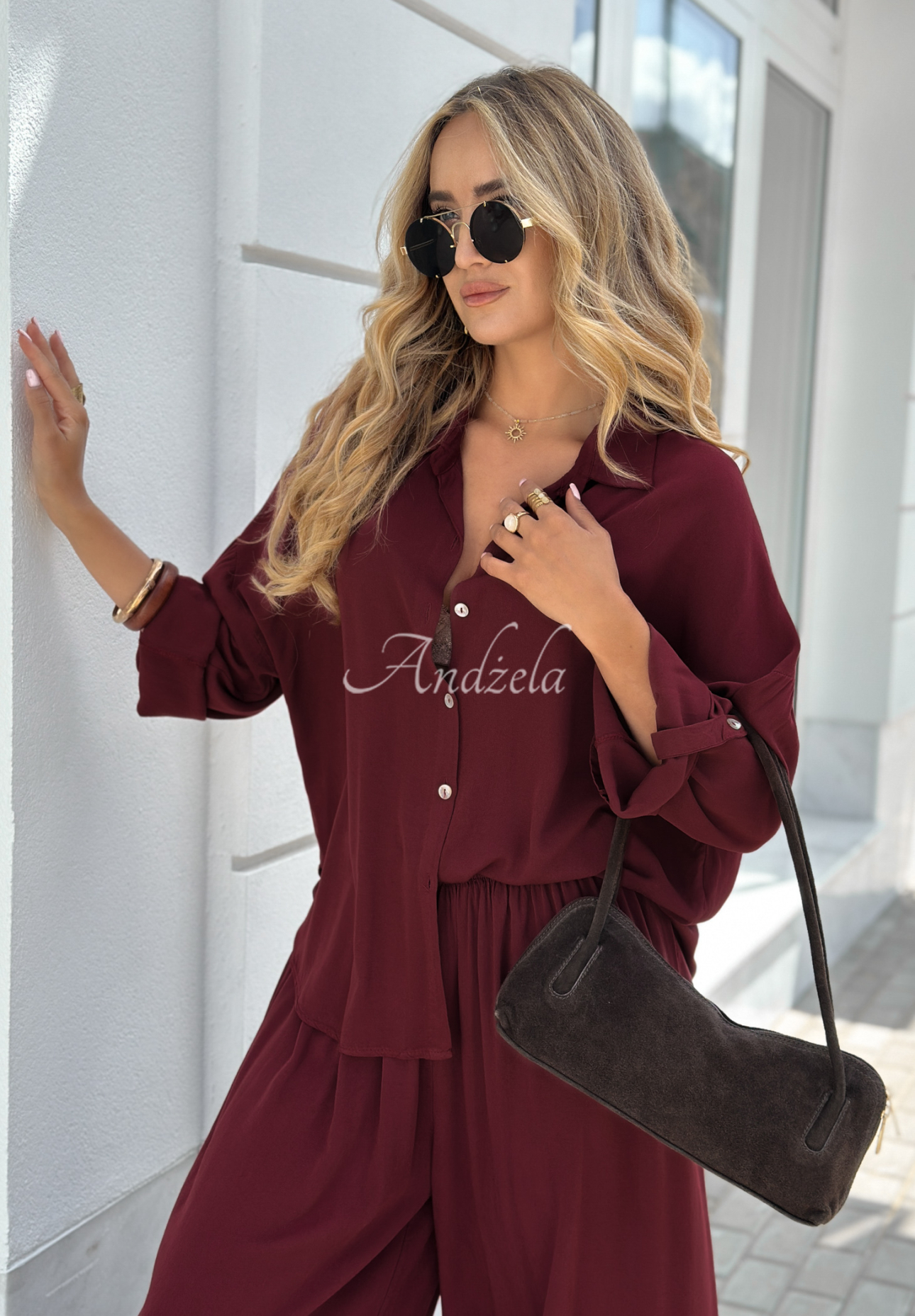Viskose-Set Hemd und Hose wide leg Summer Skies Burgunderrot