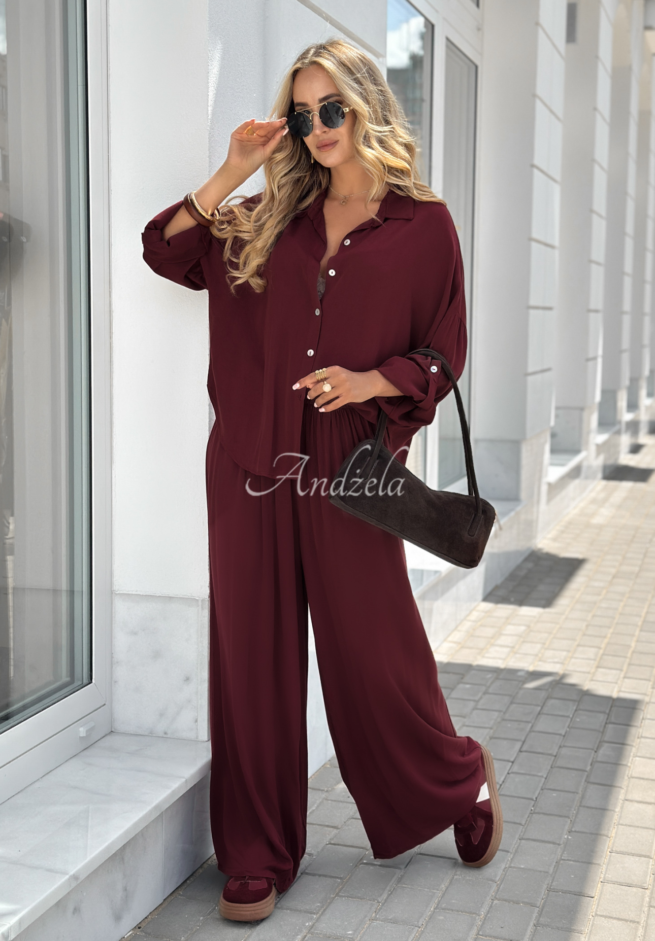 Viskose-Set Hemd und Hose wide leg Summer Skies Burgunderrot