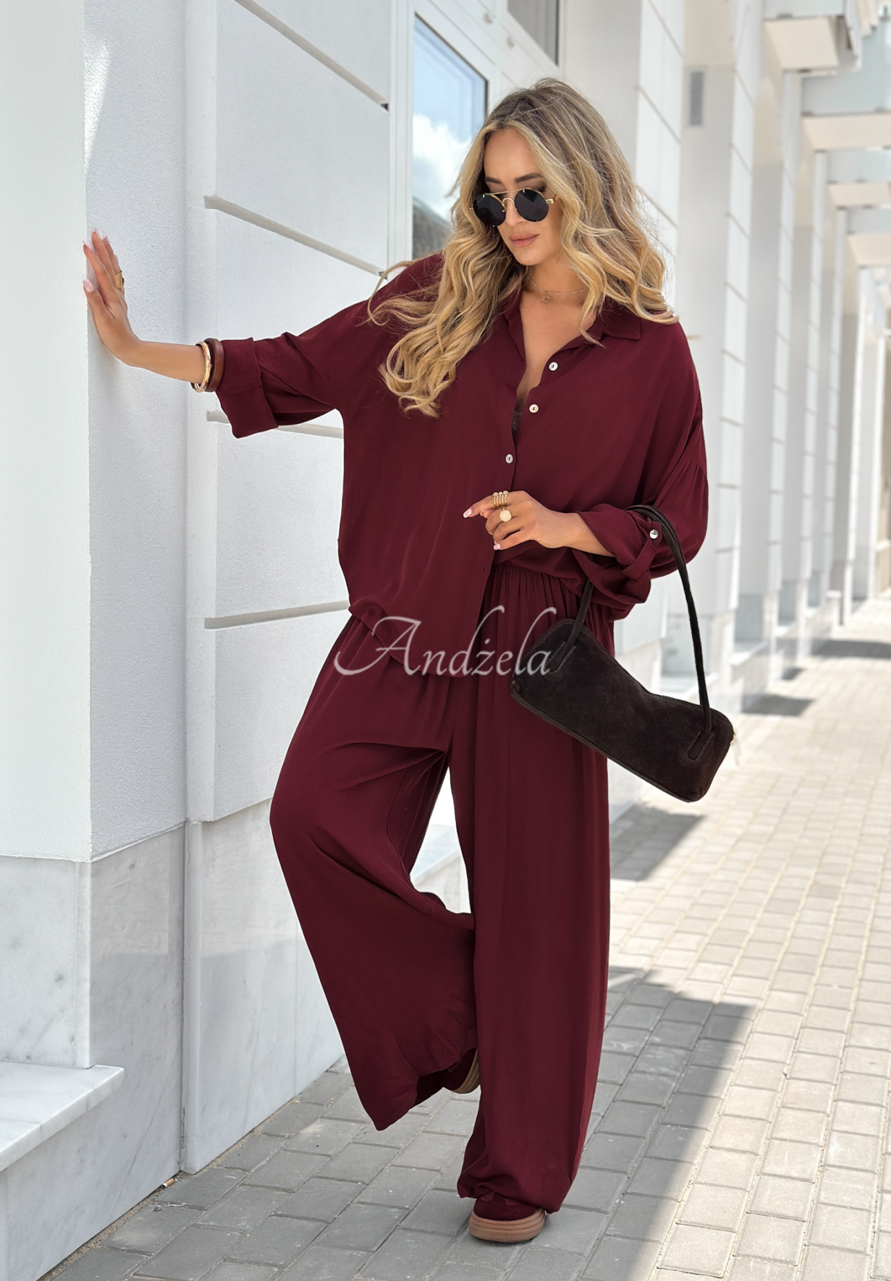Viskose-Set Hemd und Hose wide leg Summer Skies Burgunderrot