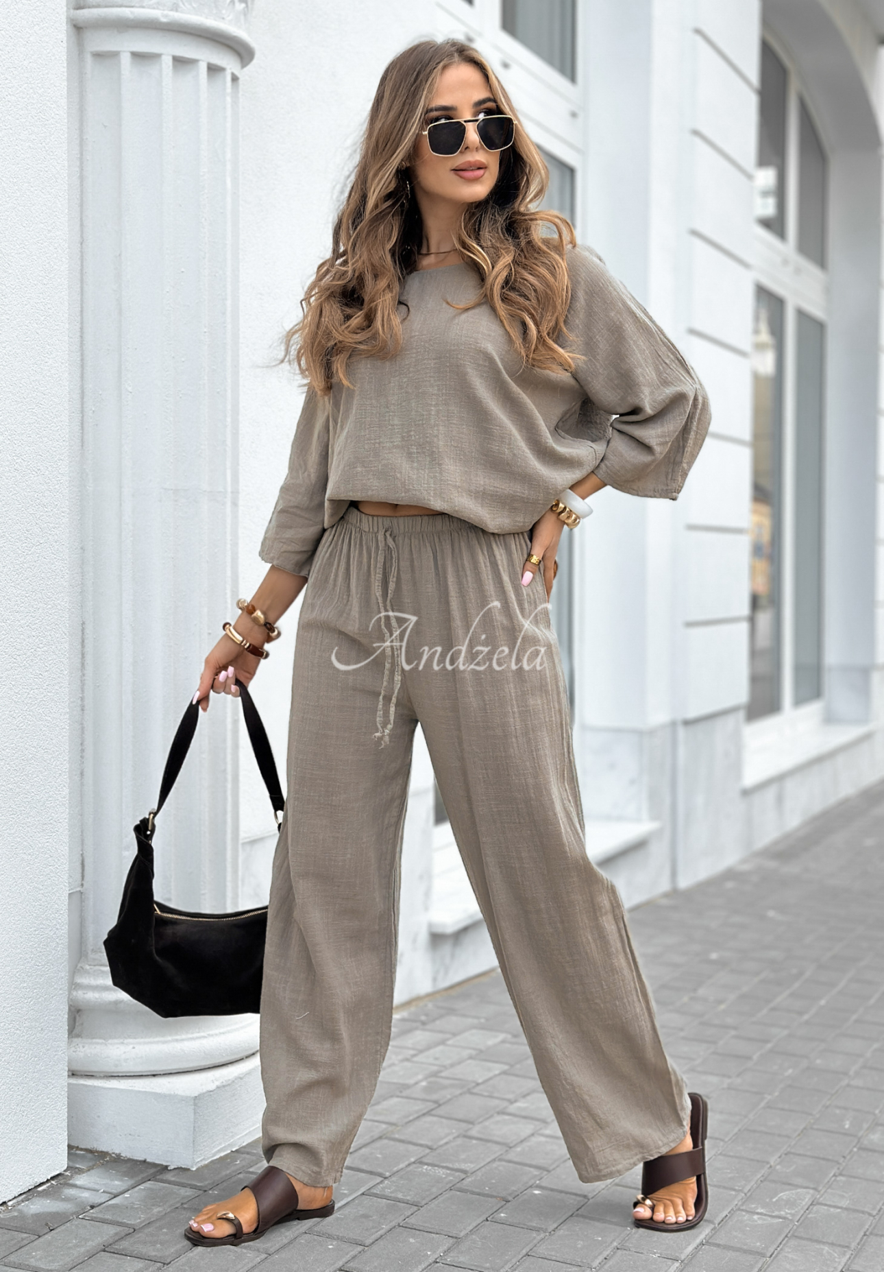 Telling You mocha wide leg blouse and pants set