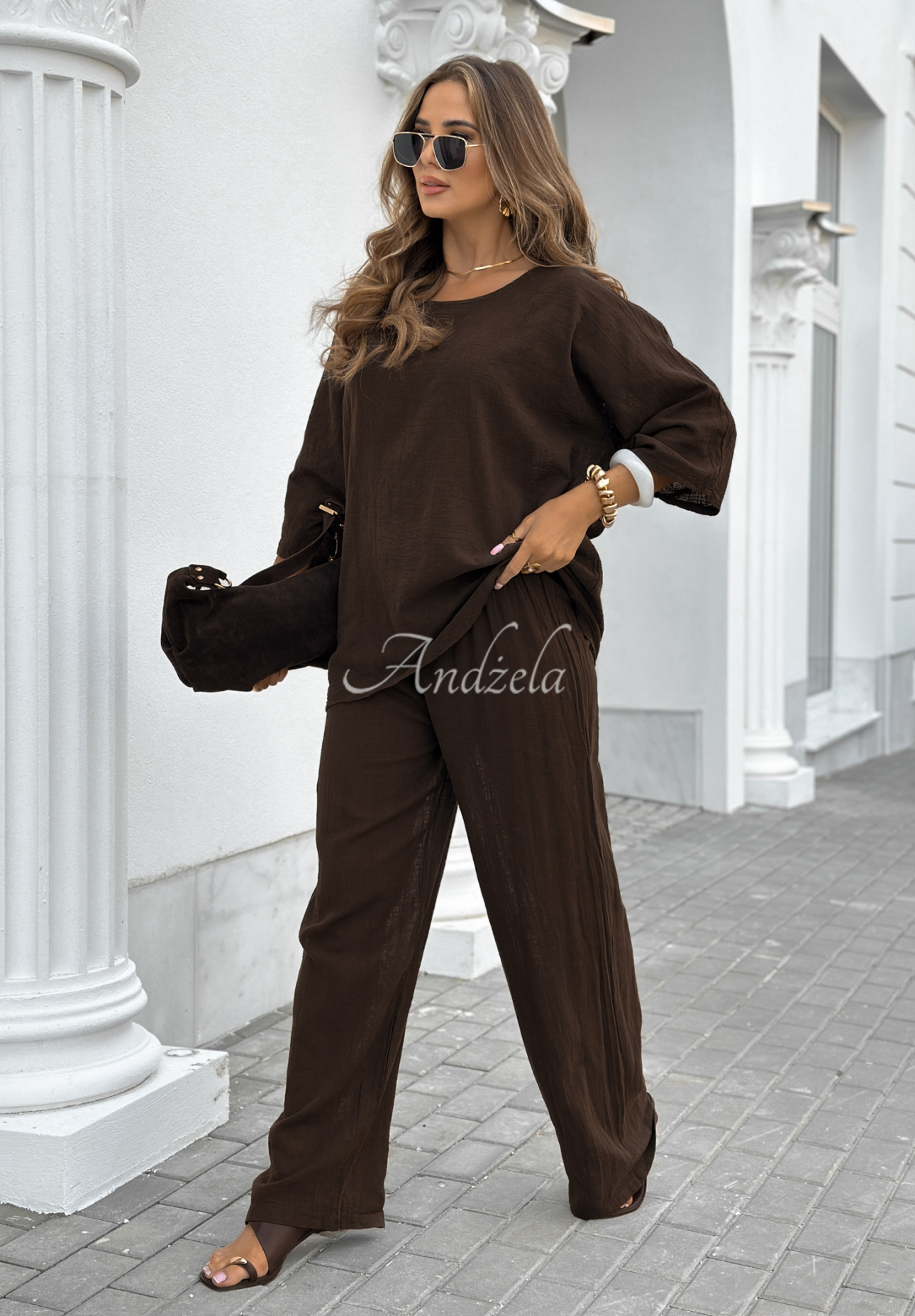 Blusen- und Hosenset wide leg Telling You Schokoladenbraun