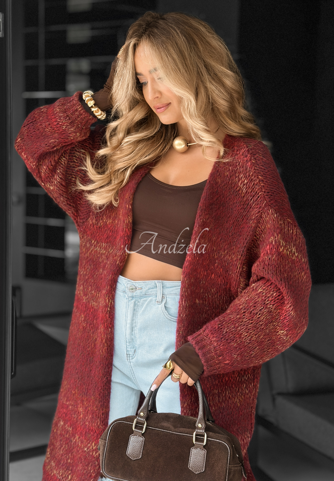 Lange Oversize-Strickjacke Life You Dreamed Burgunderrot