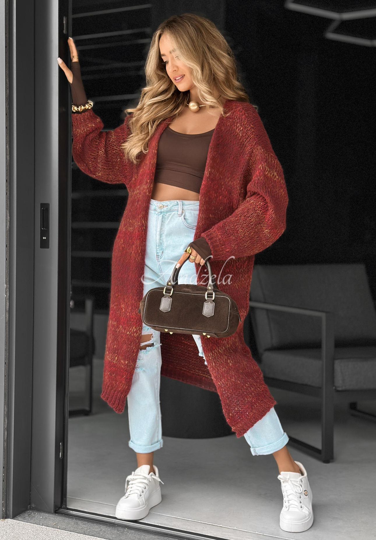 Lange Oversize-Strickjacke Life You Dreamed Burgunderrot