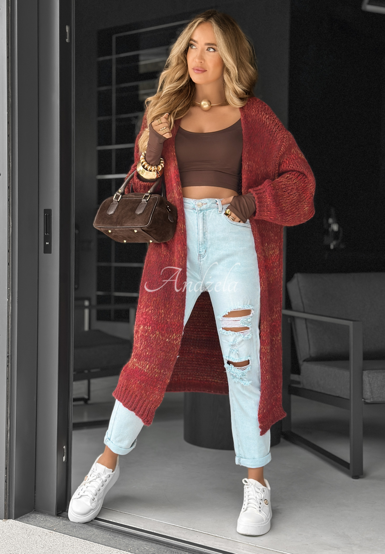 Lange Oversize-Strickjacke Life You Dreamed Burgunderrot