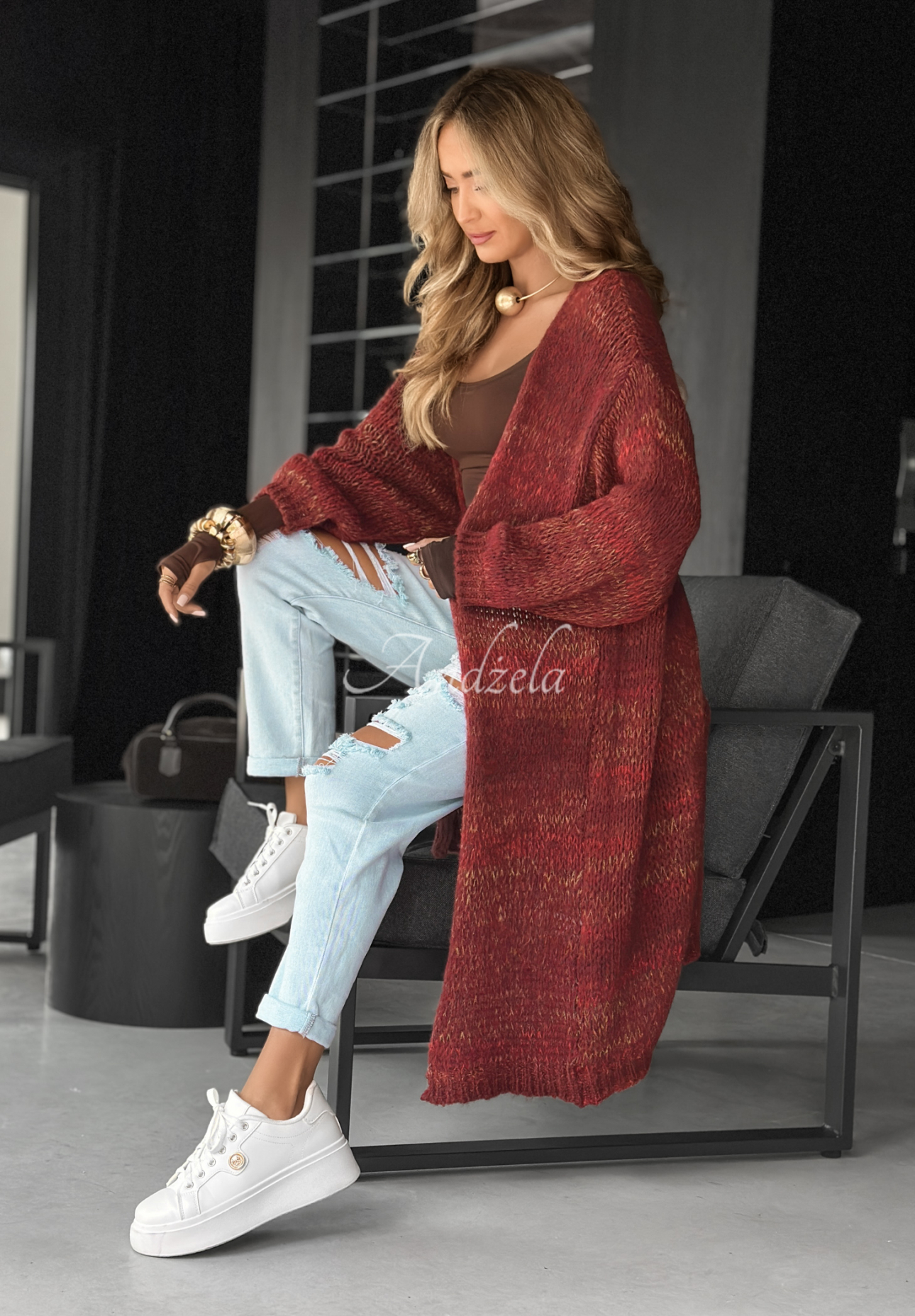 Lange Oversize-Strickjacke Life You Dreamed Burgunderrot